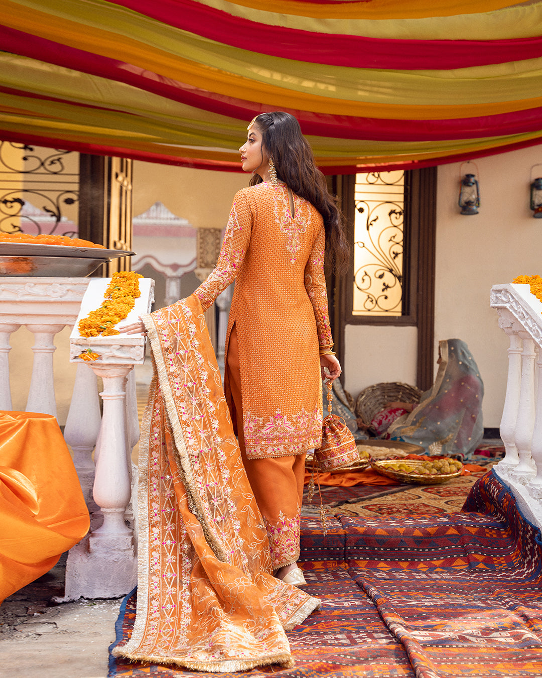 Pakistani Orange Embroidered Chiffon & Organza Shalwar Kameez (3-Piece) - Image 3