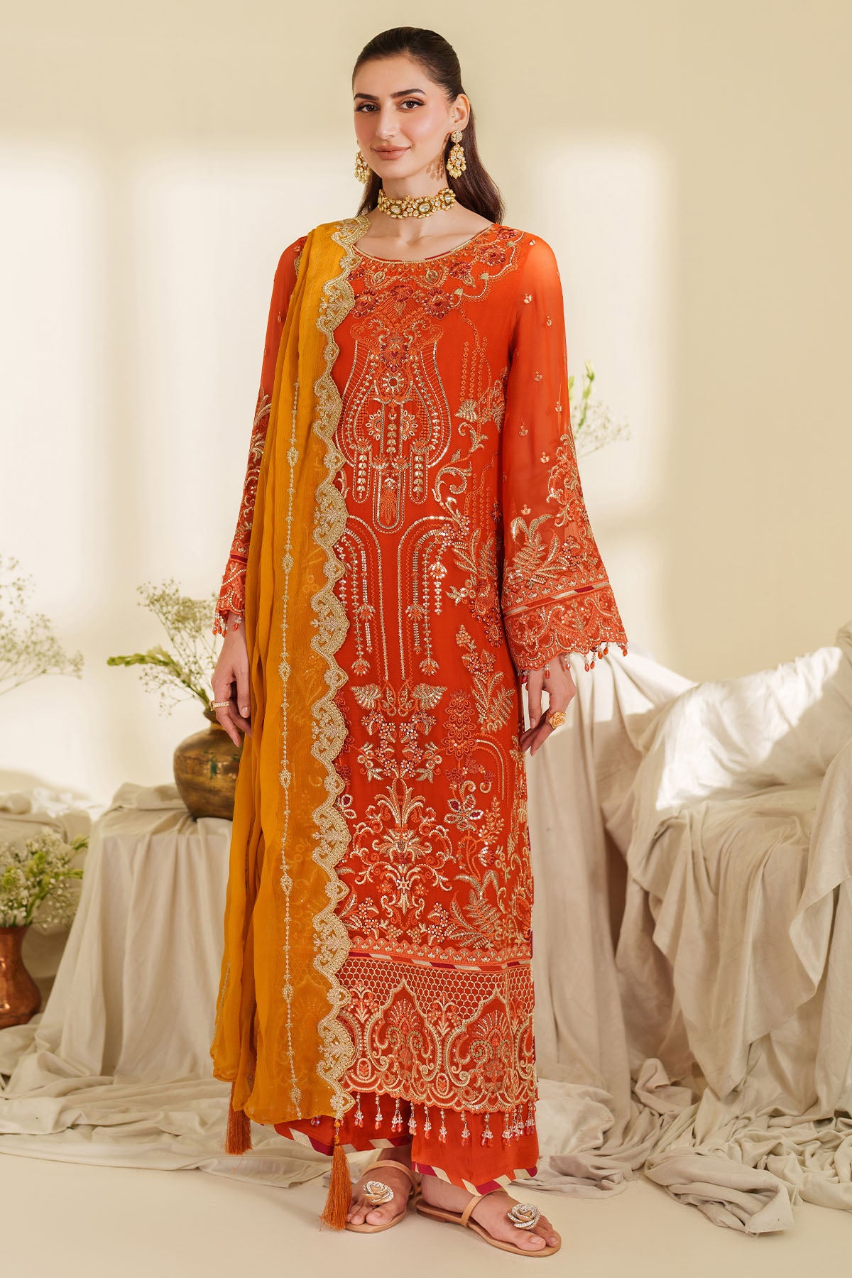 Orange Embroidered Chiffon & Organza 3-Piece Suit - Image 1
