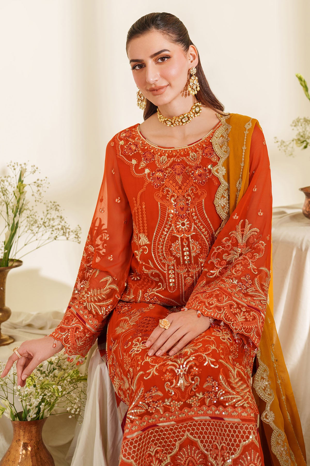 Orange Embroidered Chiffon & Organza 3-Piece Suit - Image 2