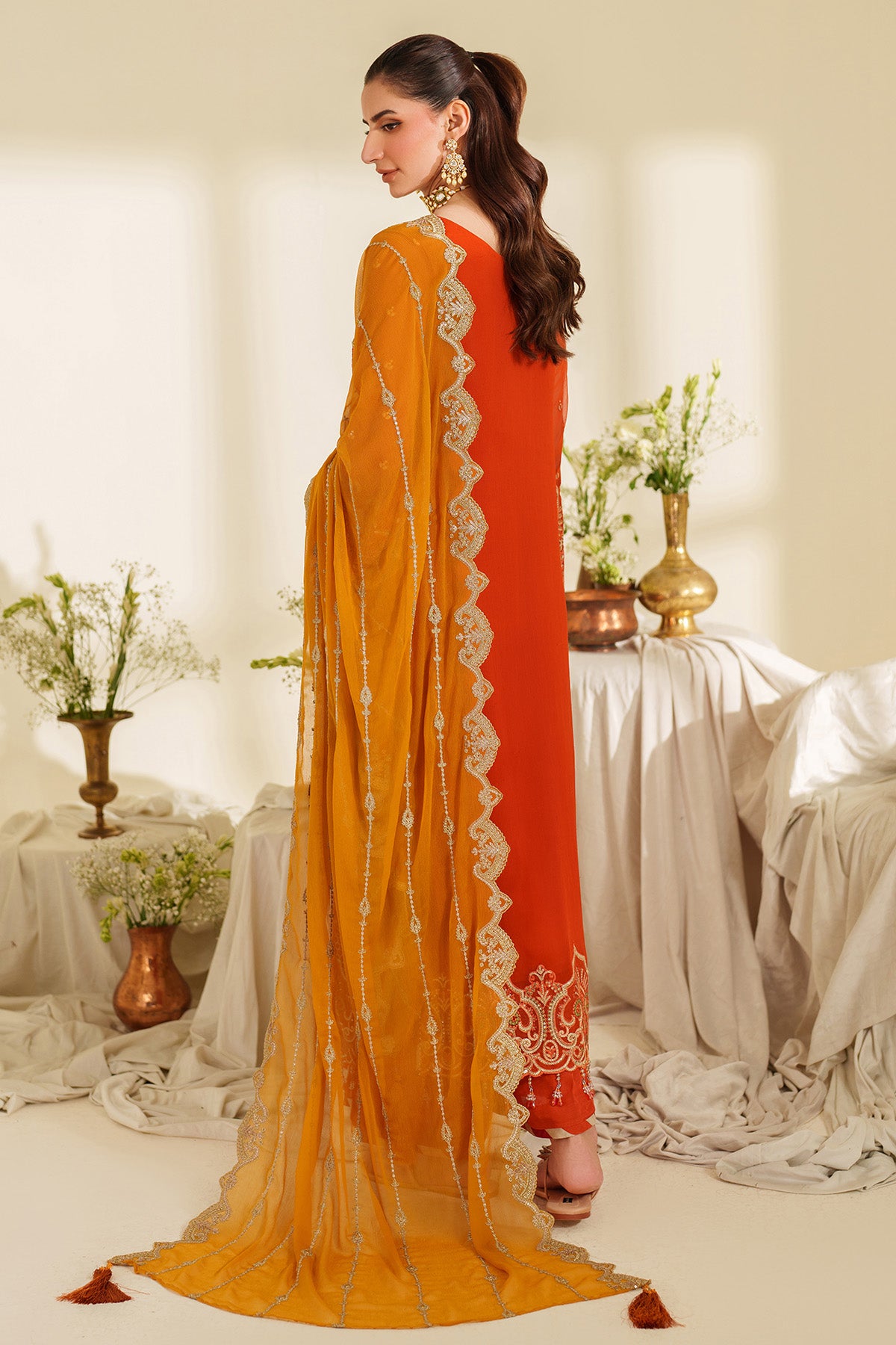 Orange Embroidered Chiffon & Organza 3-Piece Suit - Image 3