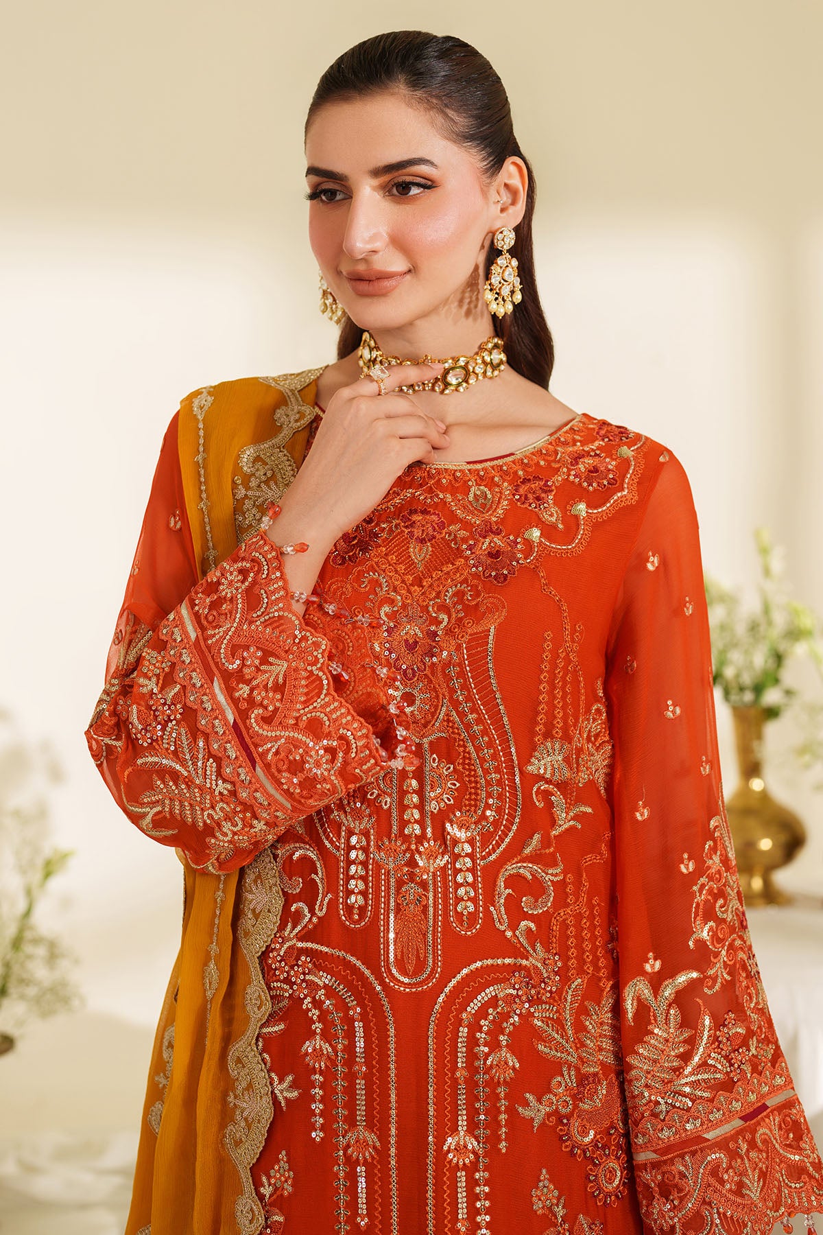 Orange Embroidered Chiffon & Organza 3-Piece Suit - Image 4