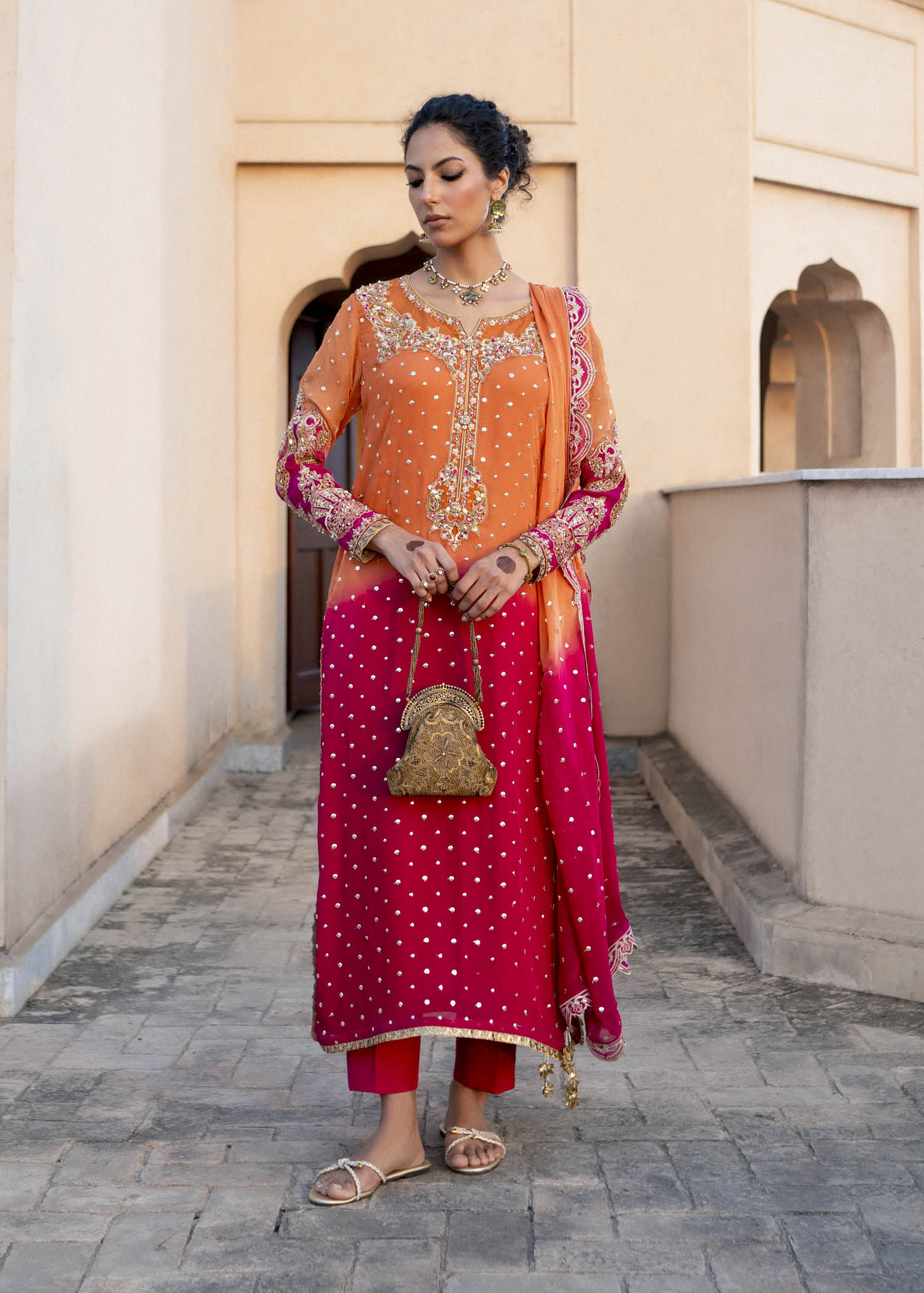 Orange & Magenta Embroidered Chiffon Salwar Kameez (3-Piece) - Image 1