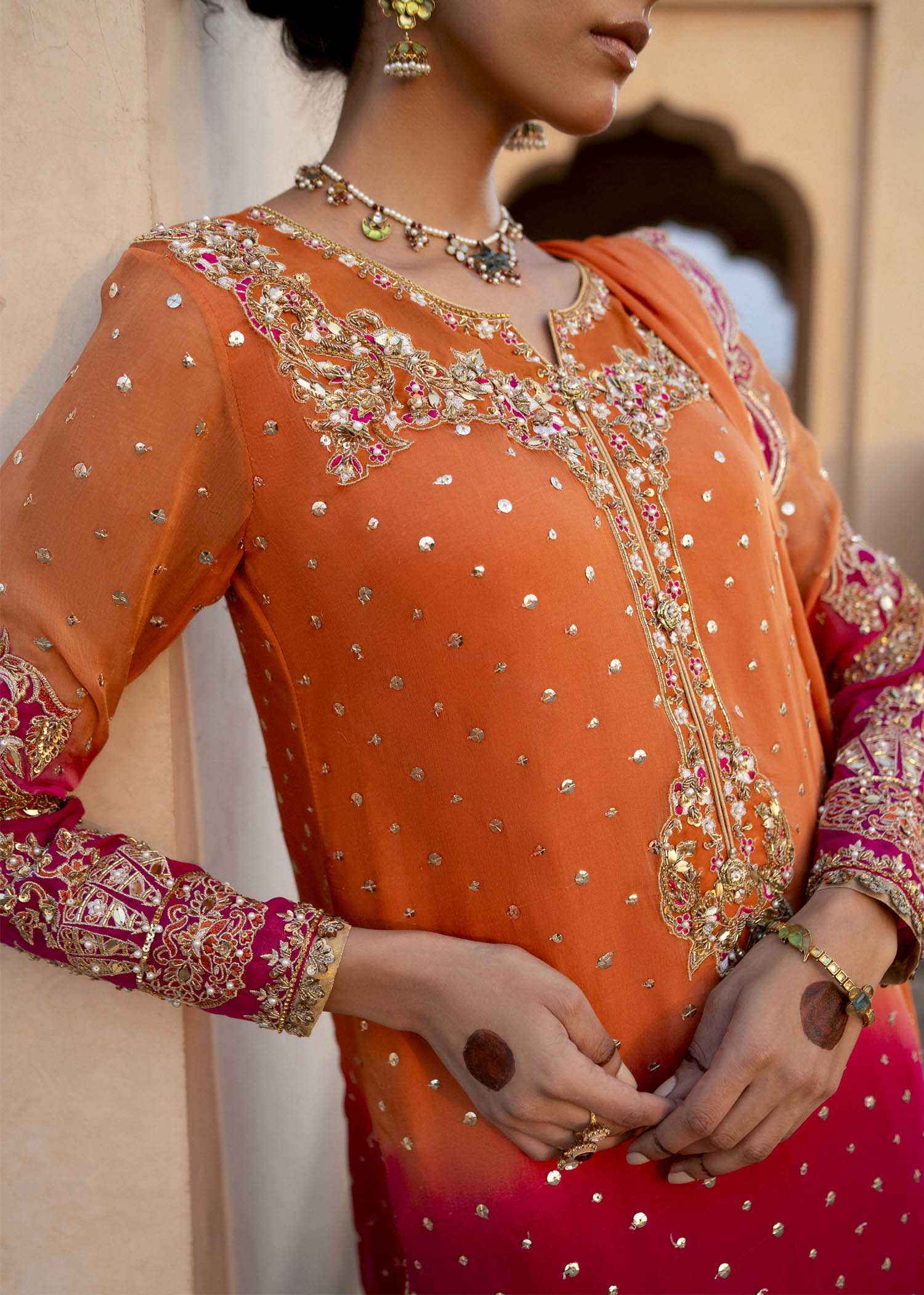 Orange & Magenta Embroidered Chiffon Salwar Kameez (3-Piece) - Image 2
