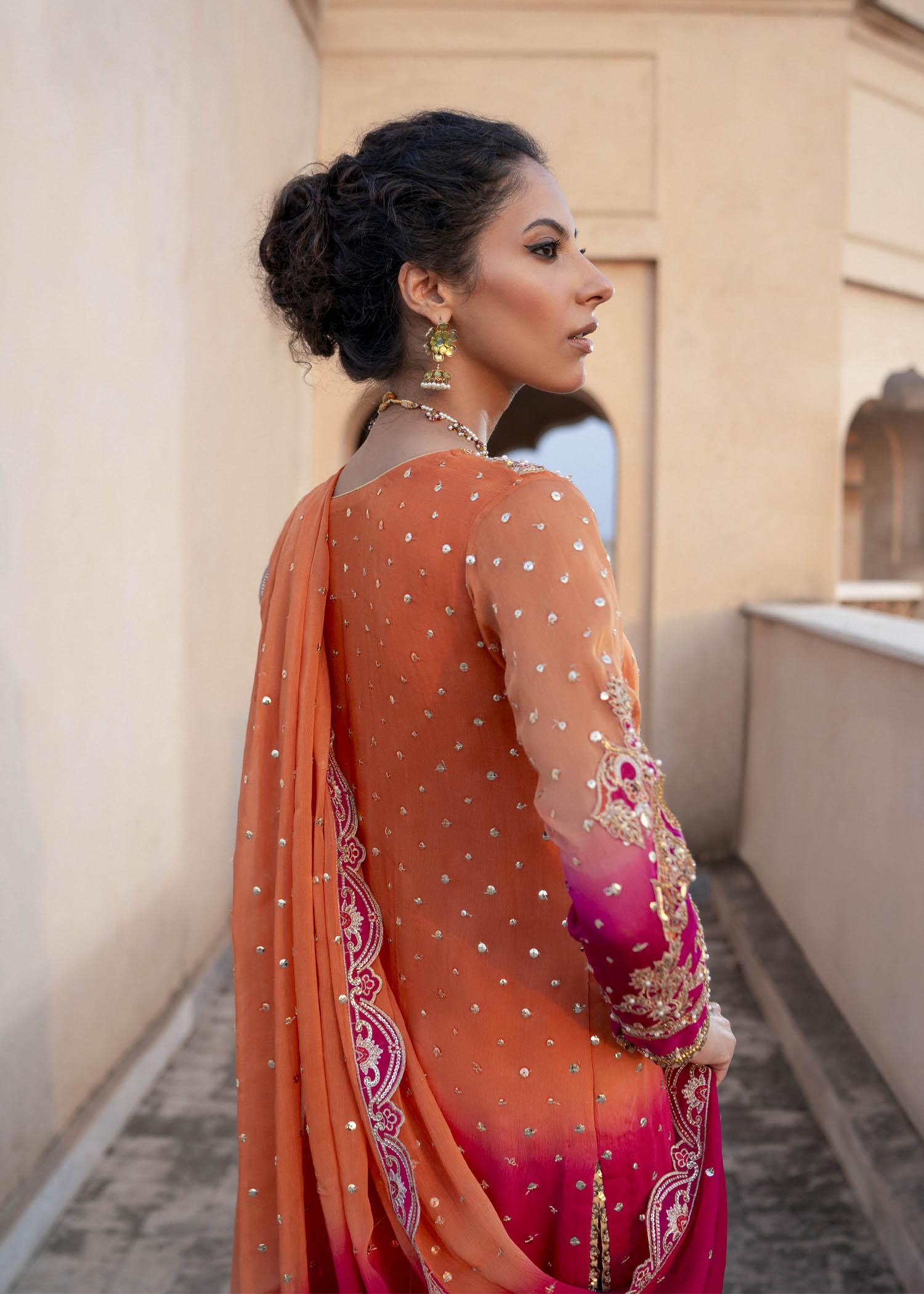 Orange & Magenta Embroidered Chiffon Salwar Kameez (3-Piece) - Image 3