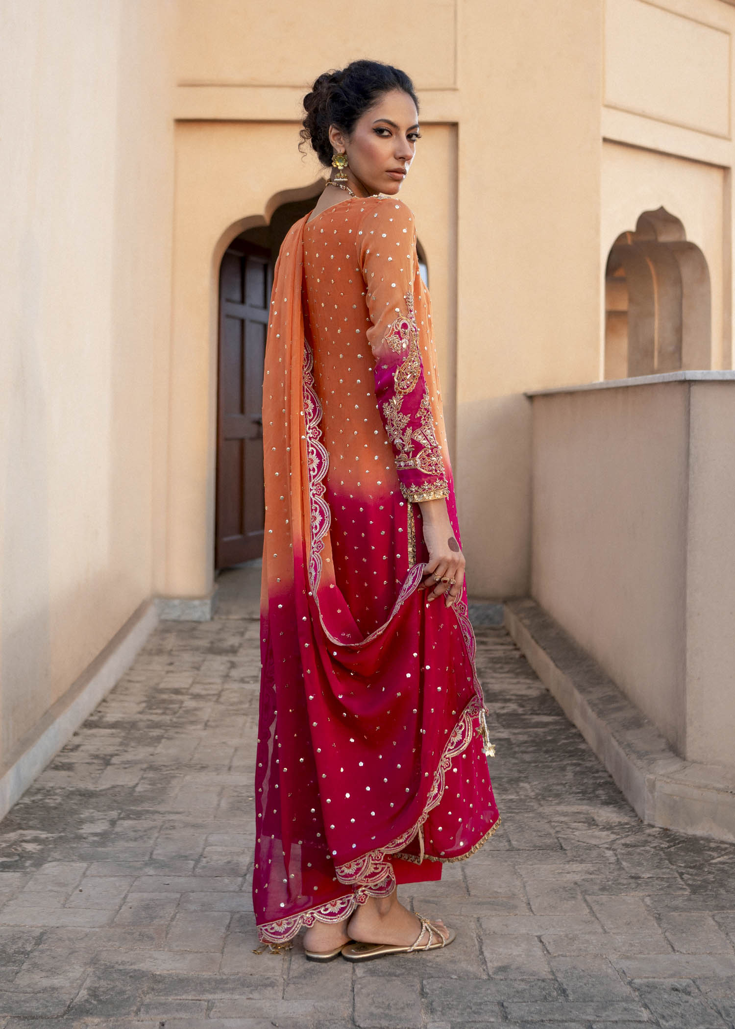 Orange & Magenta Embroidered Chiffon Salwar Kameez (3-Piece) - Image 4