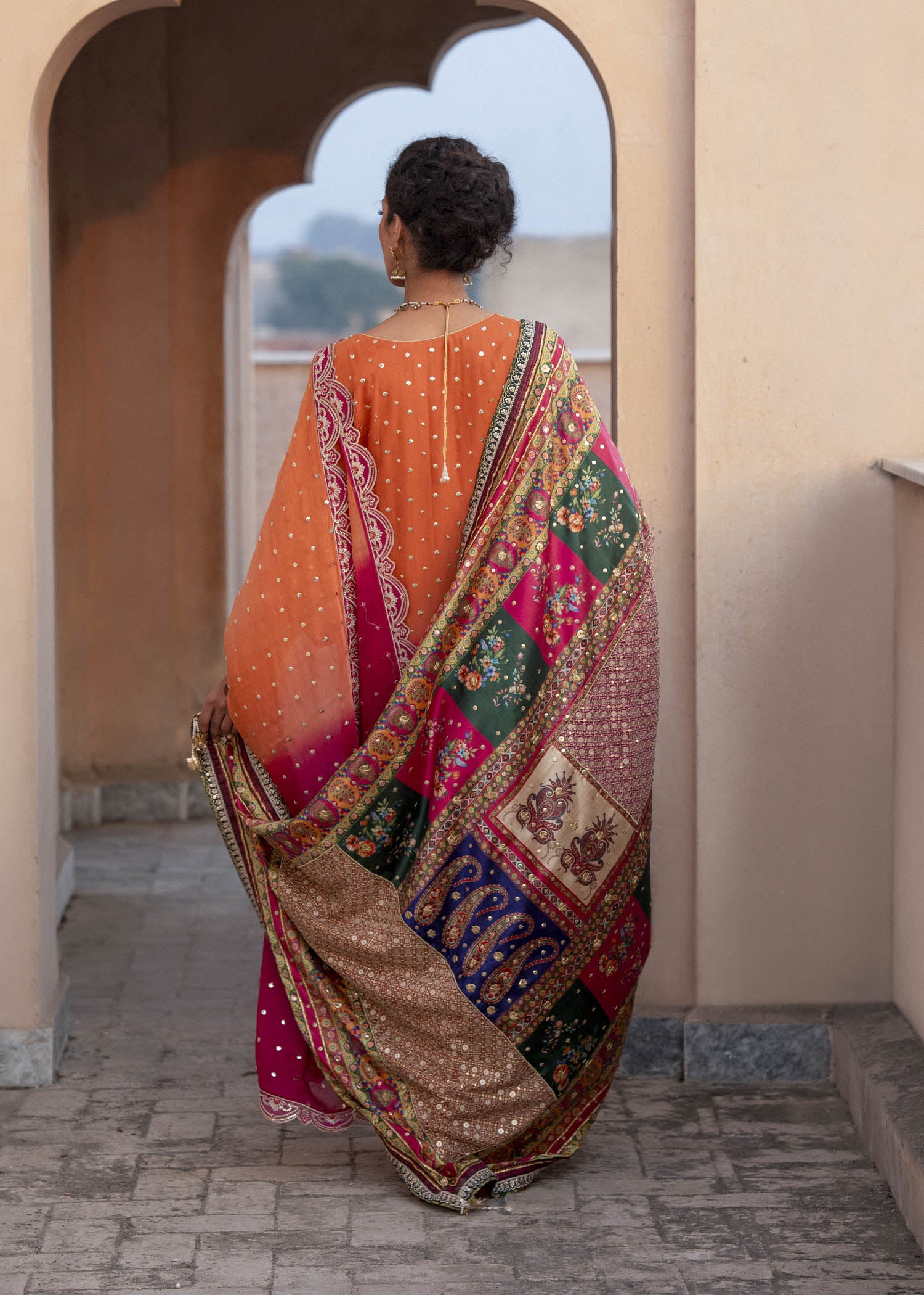 Orange & Magenta Embroidered Chiffon Salwar Kameez (3-Piece) - Image 5