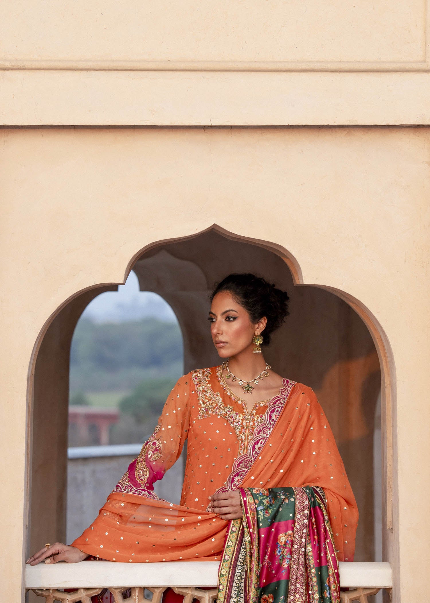 Orange & Magenta Embroidered Chiffon Salwar Kameez (3-Piece) - Image 6