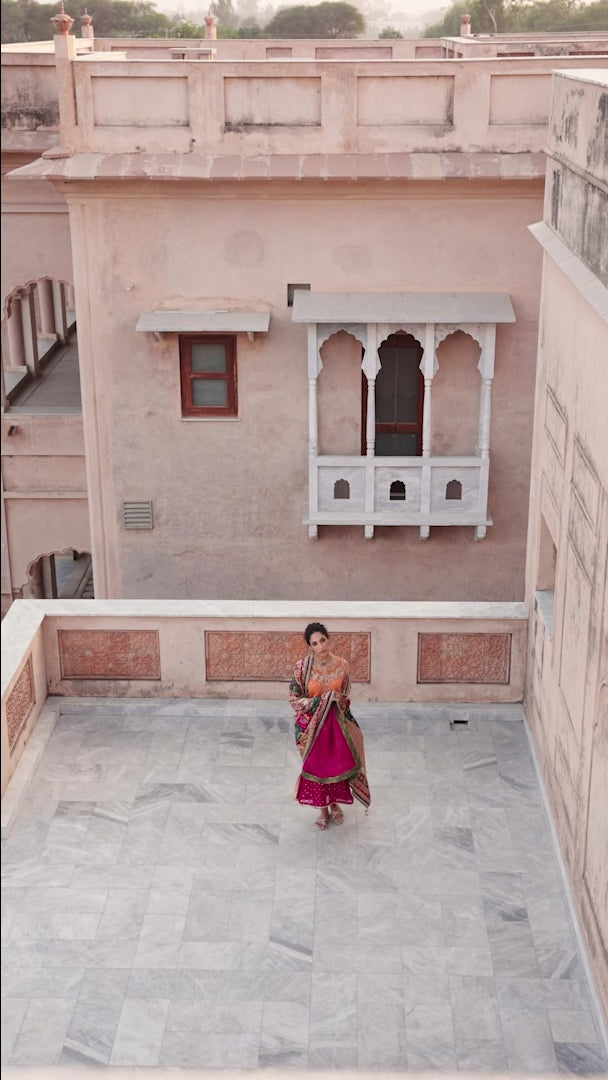 Orange & Magenta Embroidered Chiffon Salwar Kameez (3-Piece) - Image 9