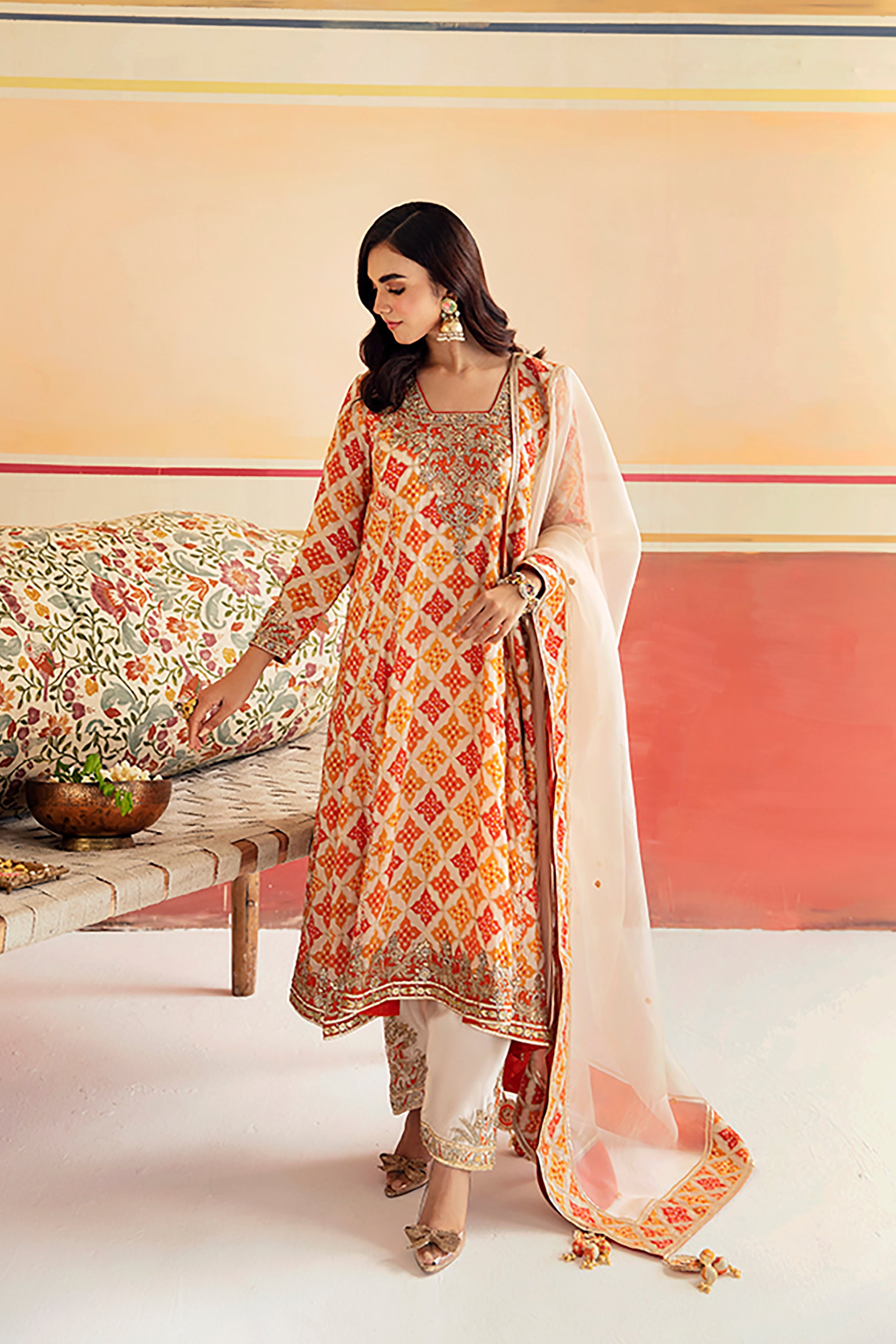 Orangeade Zardozi Chinon Silk Salwar Kameez (3-Piece) - Image 1