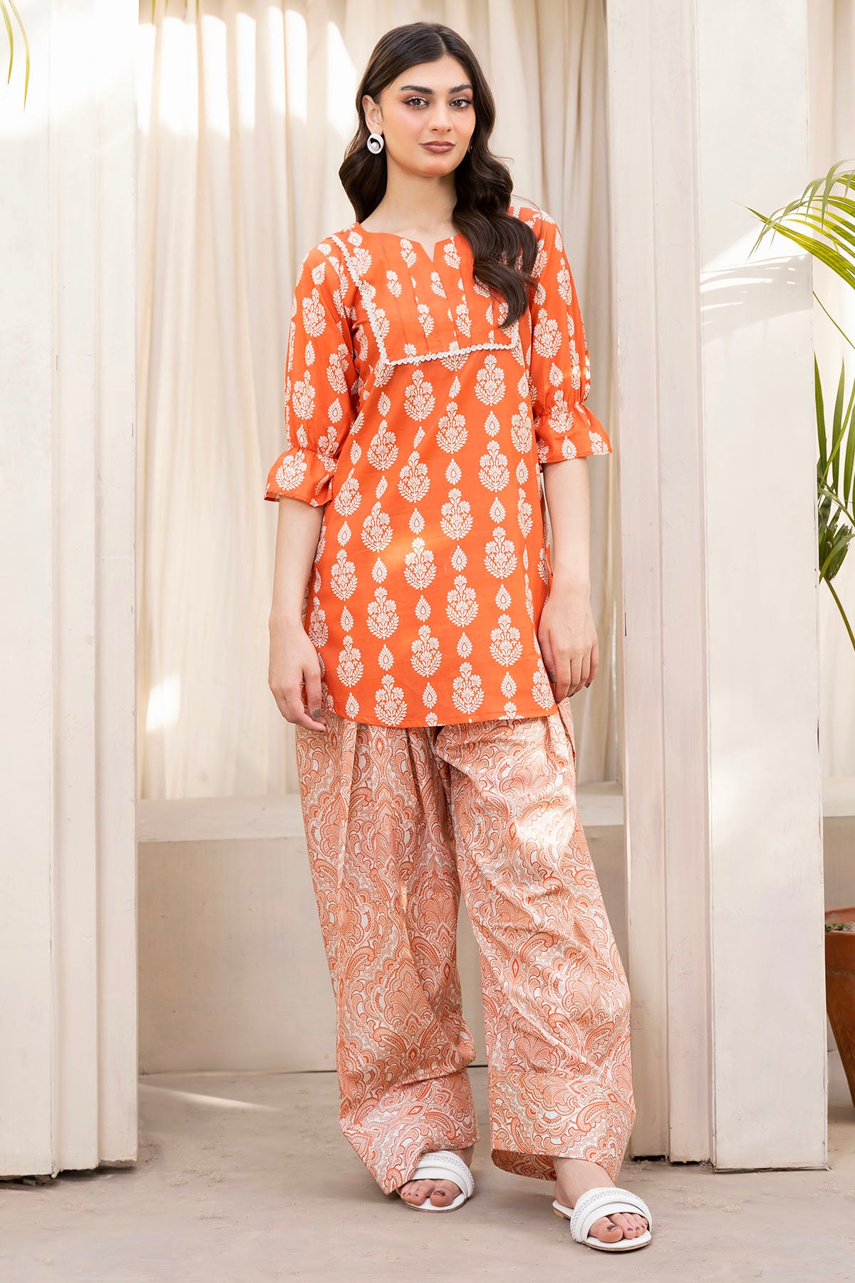 Pakistani Orange Digital Printed Cotton Lawn Salwar Kameez (2-Piece) - Image 1