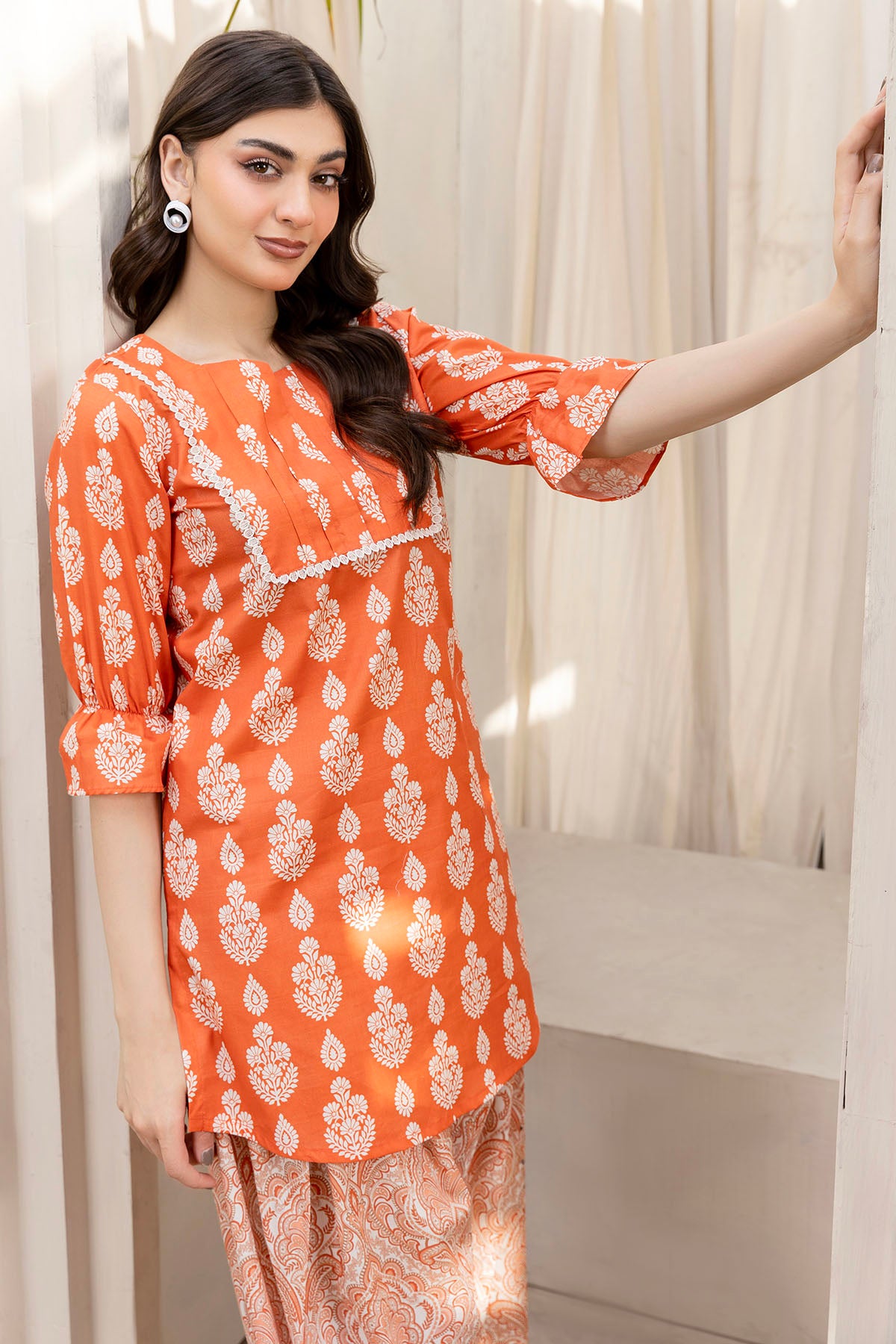 Pakistani Orange Digital Printed Cotton Lawn Salwar Kameez (2-Piece) - Image 2