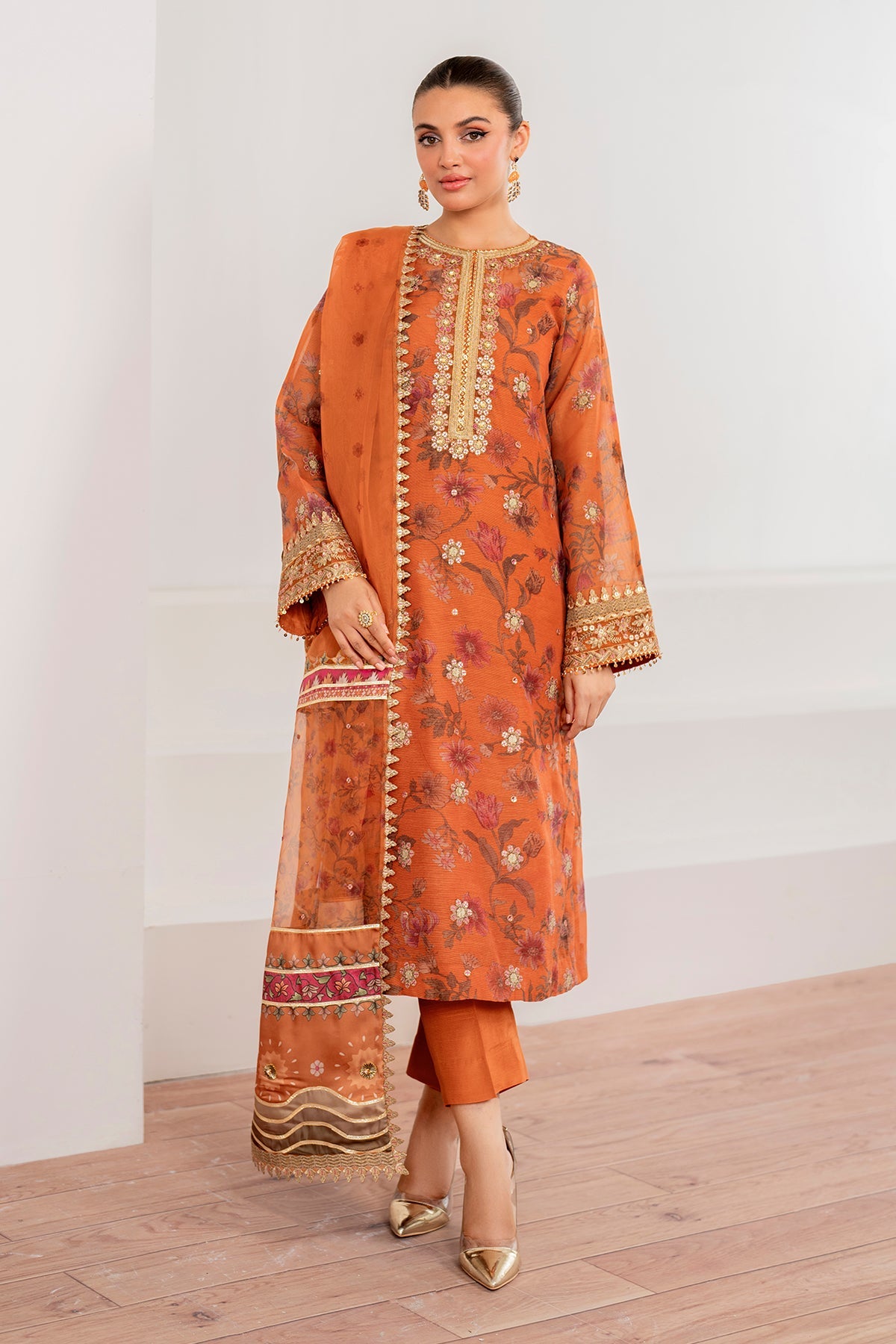 Rust Embroidered Cotton Net Salwar Kameez (3-Piece) - Image 1