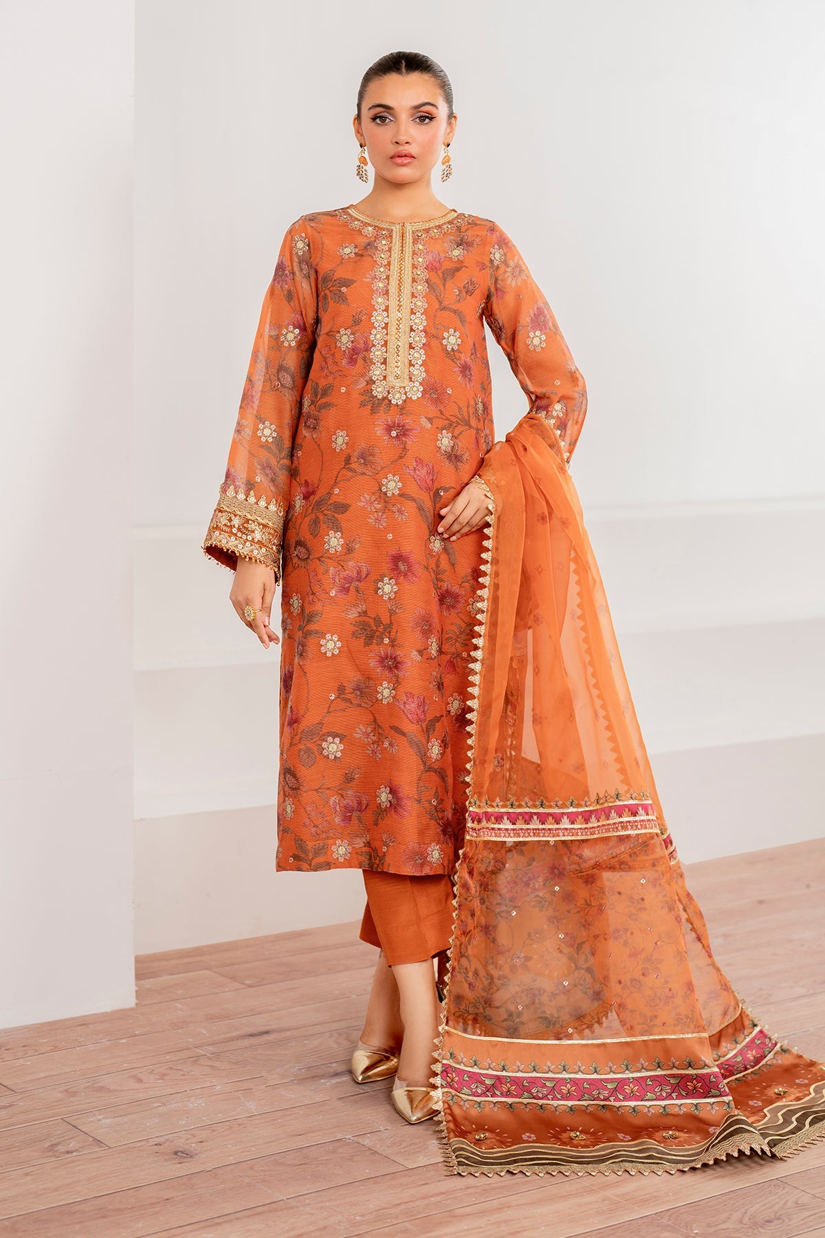 Rust Embroidered Cotton Net Salwar Kameez (3-Piece) - Image 2