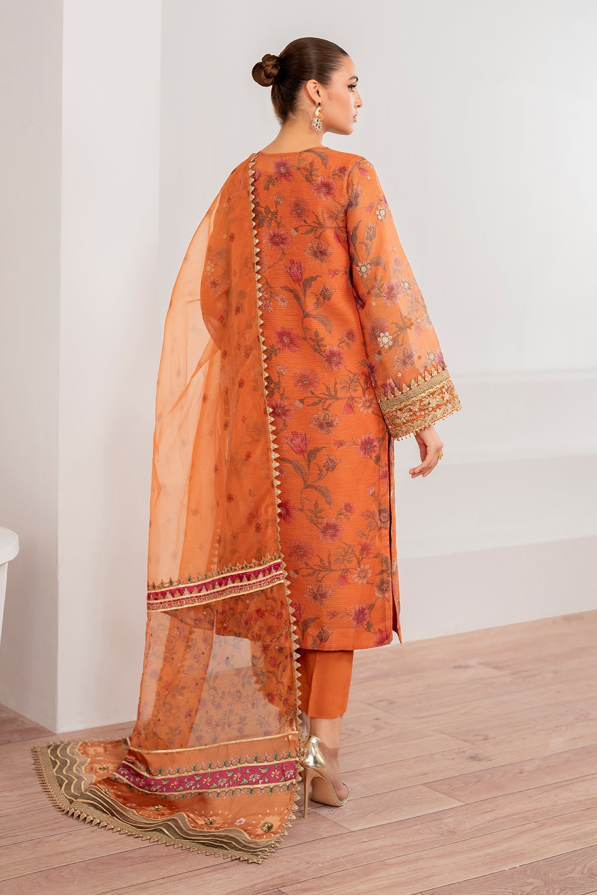 Rust Embroidered Cotton Net Salwar Kameez (3-Piece) - Image 3