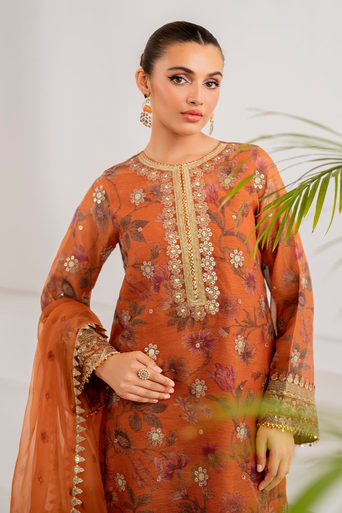 Rust Embroidered Cotton Net Salwar Kameez (3-Piece) - Image 4