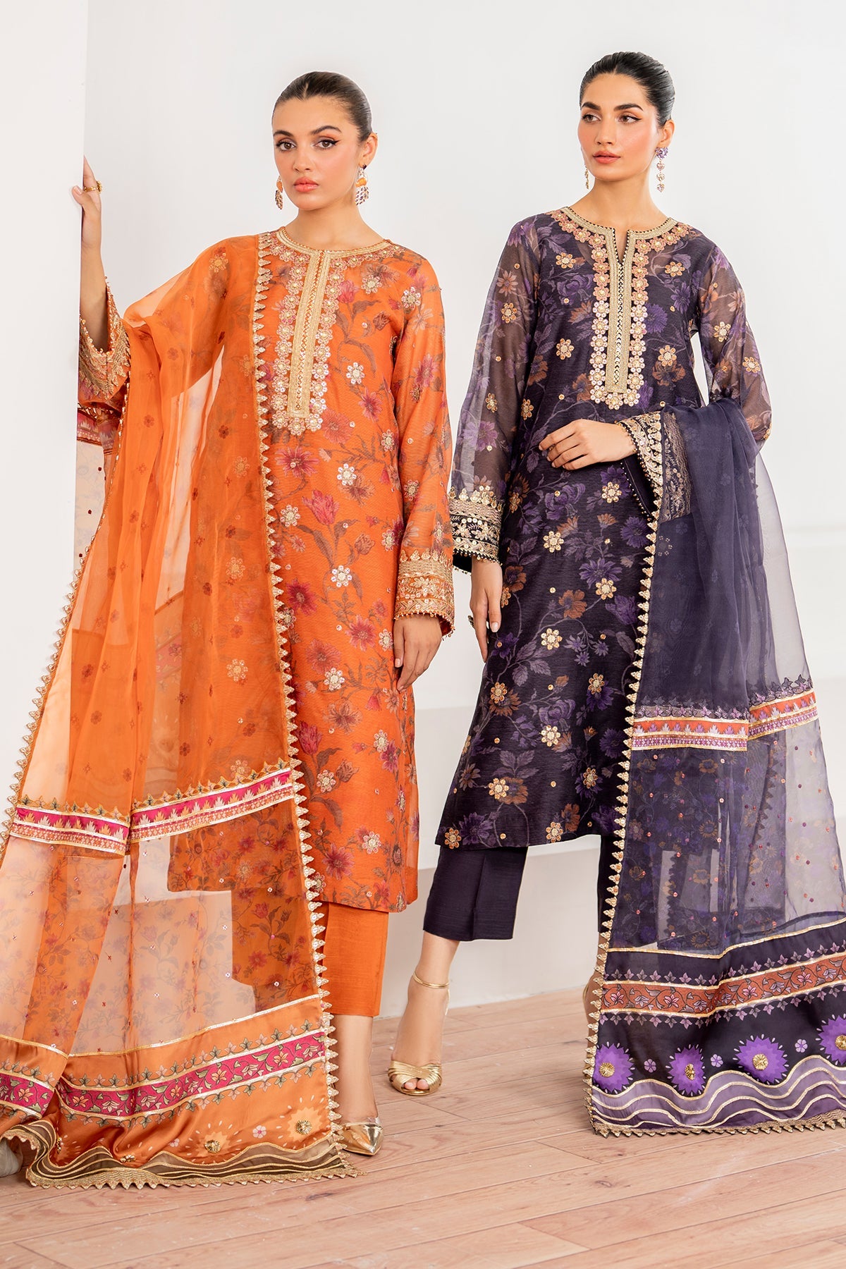 Rust Embroidered Cotton Net Salwar Kameez (3-Piece) - Image 6