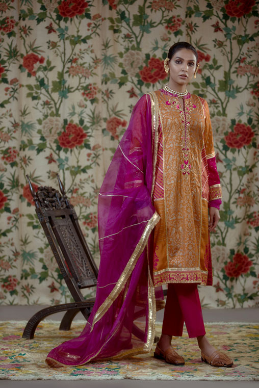 Pakistani Orange Hand-Embellished Cotton Silk Kurta (3-Piece) - Image 1