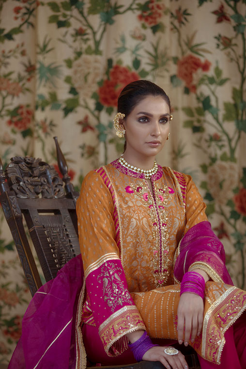 Pakistani Orange Hand-Embellished Cotton Silk Kurta (3-Piece) - Image 2