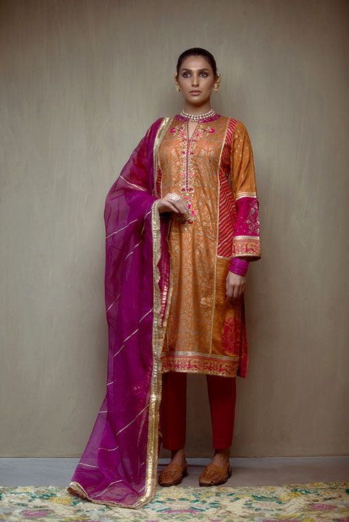 Pakistani Orange Hand-Embellished Cotton Silk Kurta (3-Piece) - Image 3