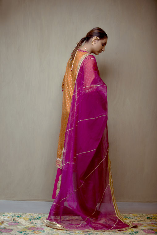 Pakistani Orange Hand-Embellished Cotton Silk Kurta (3-Piece) - Image 4