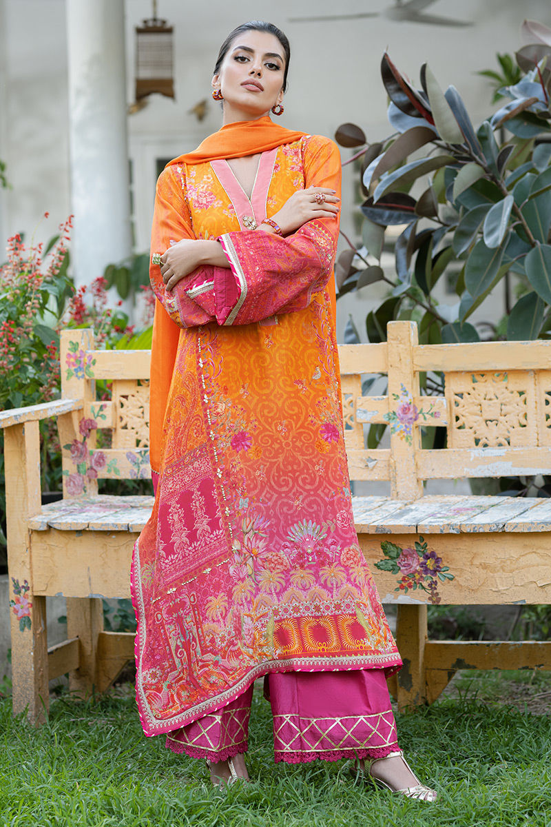 Pakistani Orange Digital Print Crepe Silk Salwar Kameez (3-Piece) - Image 1