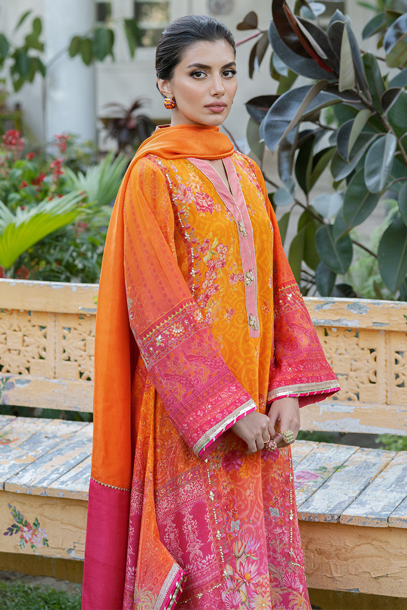 Pakistani Orange Digital Print Crepe Silk Salwar Kameez (3-Piece) - Image 2