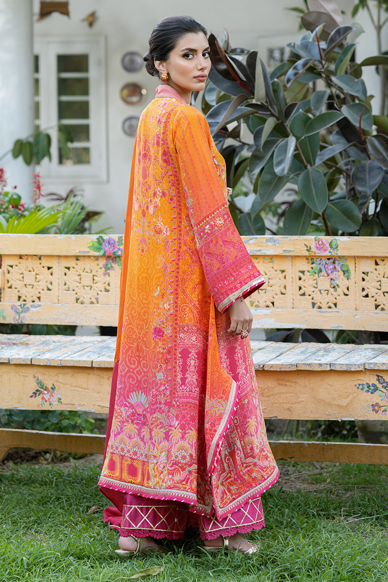 Pakistani Orange Digital Print Crepe Silk Salwar Kameez (3-Piece) - Image 3