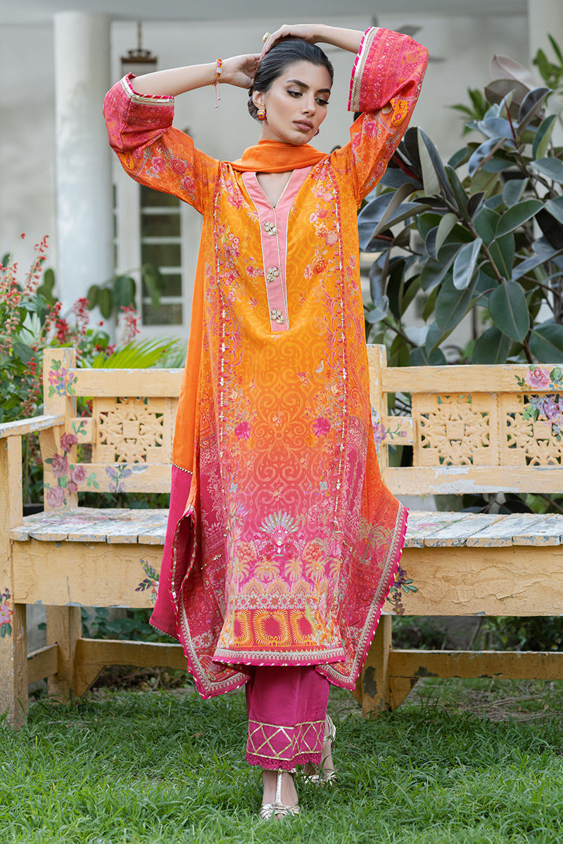 Pakistani Orange Digital Print Crepe Silk Salwar Kameez (3-Piece) - Image 4
