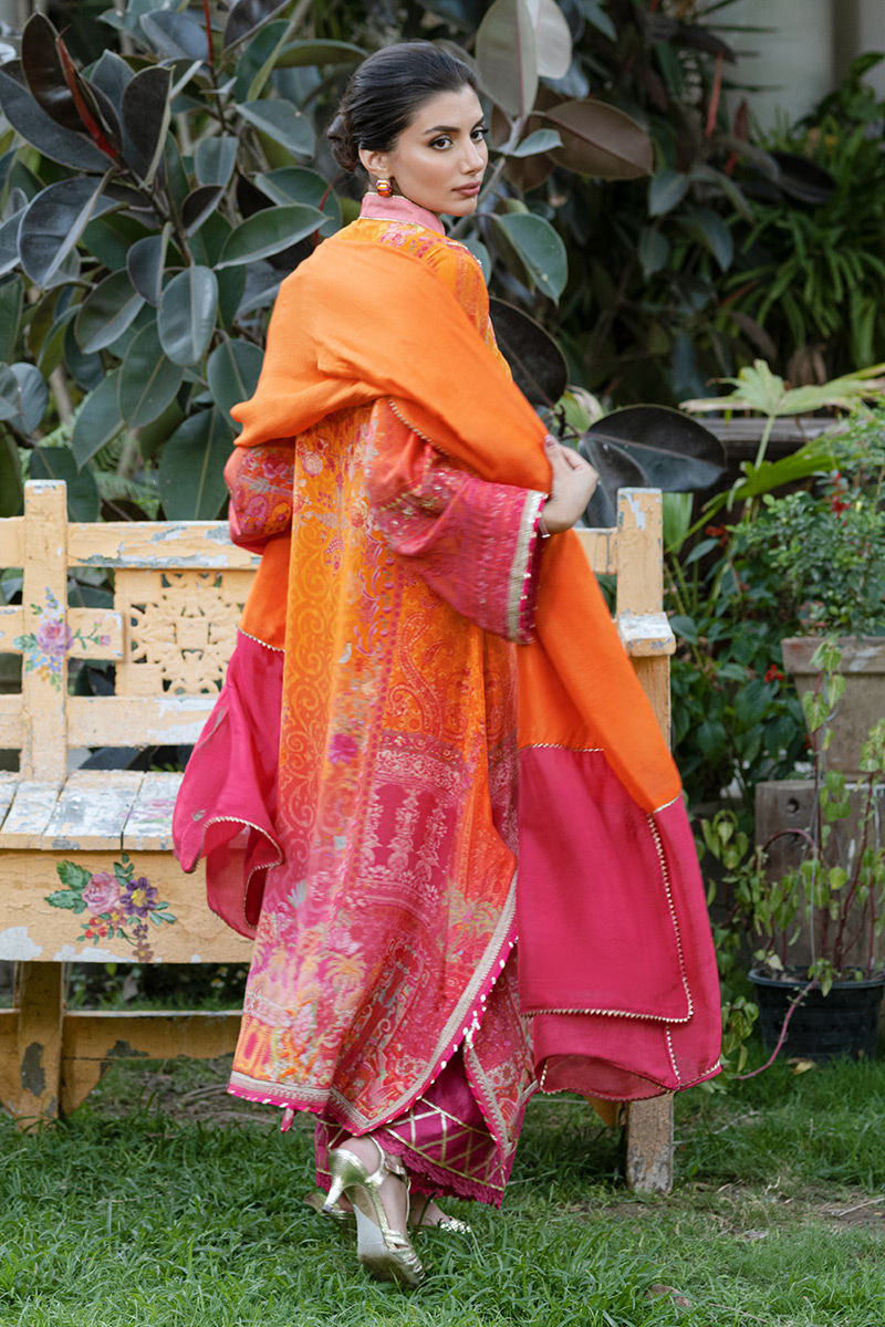 Pakistani Orange Digital Print Crepe Silk Salwar Kameez (3-Piece) - Image 5