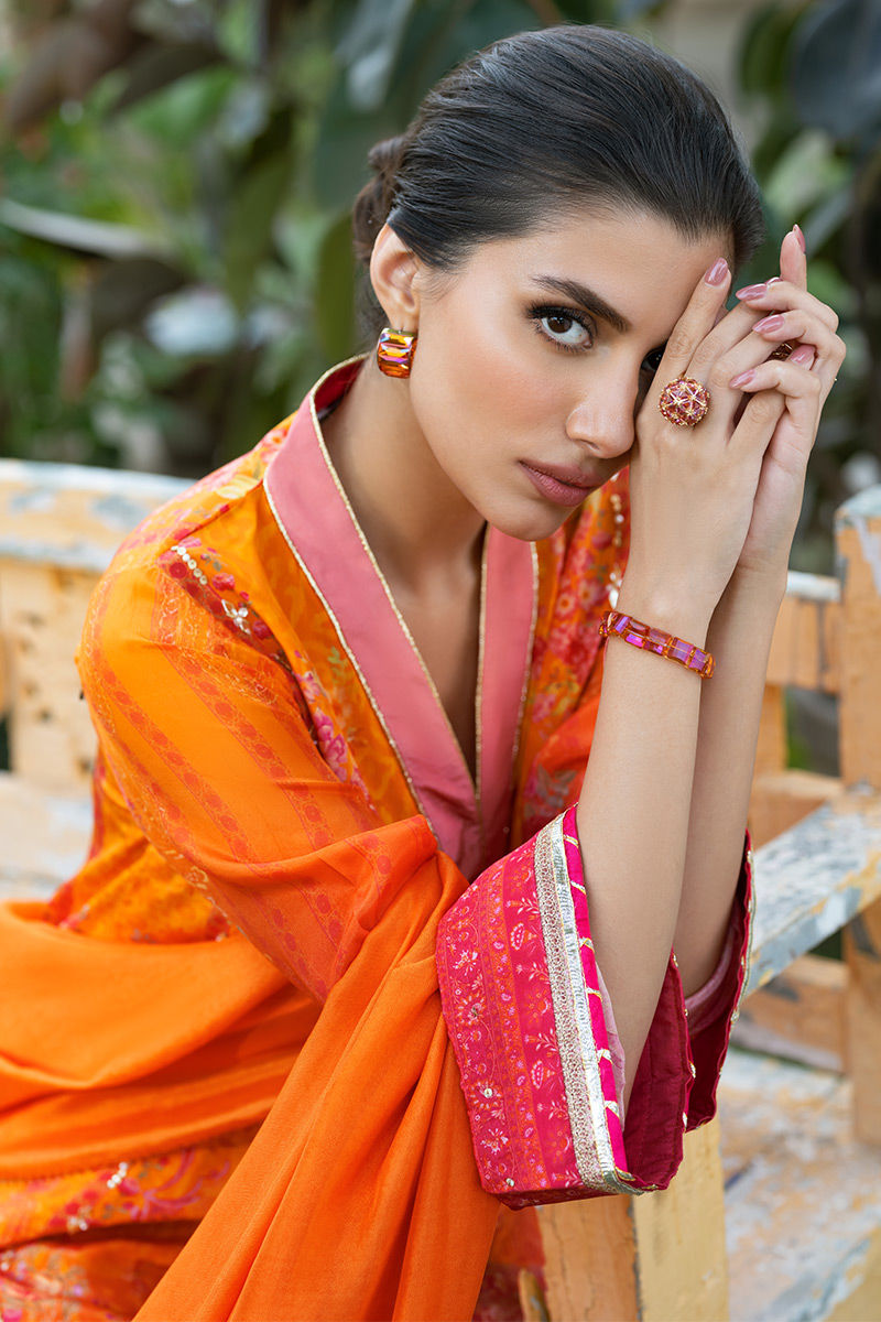 Pakistani Orange Digital Print Crepe Silk Salwar Kameez (3-Piece) - Image 6