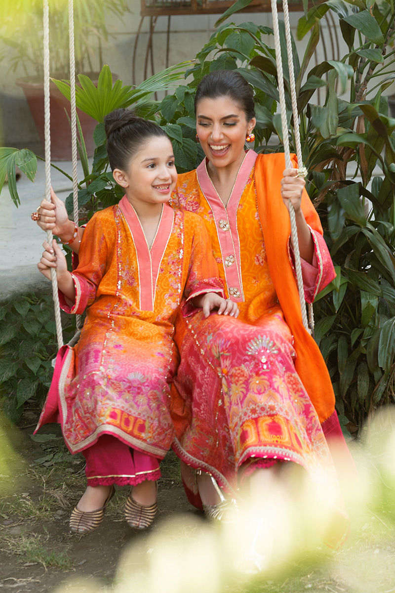 Pakistani Orange Digital Print Crepe Silk Salwar Kameez (3-Piece) - Image 8