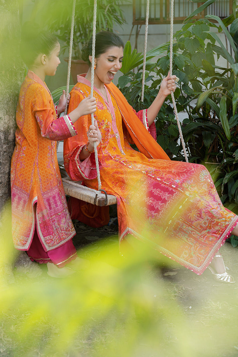 Pakistani Orange Digital Print Crepe Silk Salwar Kameez (3-Piece) - Image 9