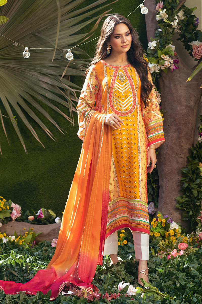 Pakistani Saffron Embellished Pure Crepe Silk Salwar Kameez (3-Piece) - Image 2
