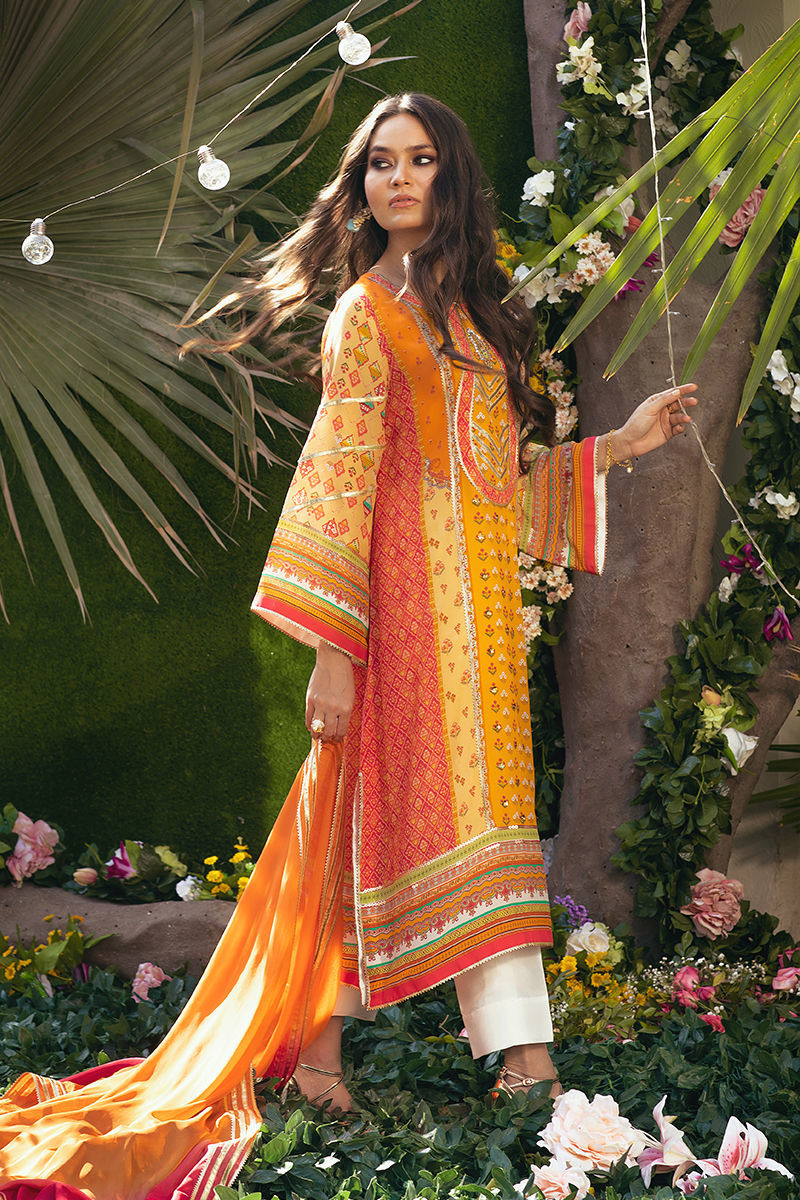 Pakistani Saffron Embellished Pure Crepe Silk Salwar Kameez (3-Piece) - Image 3