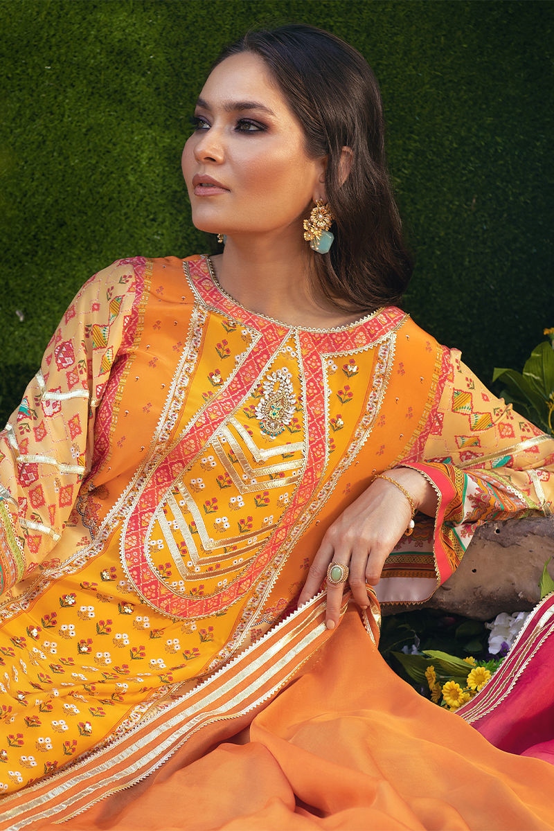 Pakistani Saffron Embellished Pure Crepe Silk Salwar Kameez (3-Piece) - Image 5