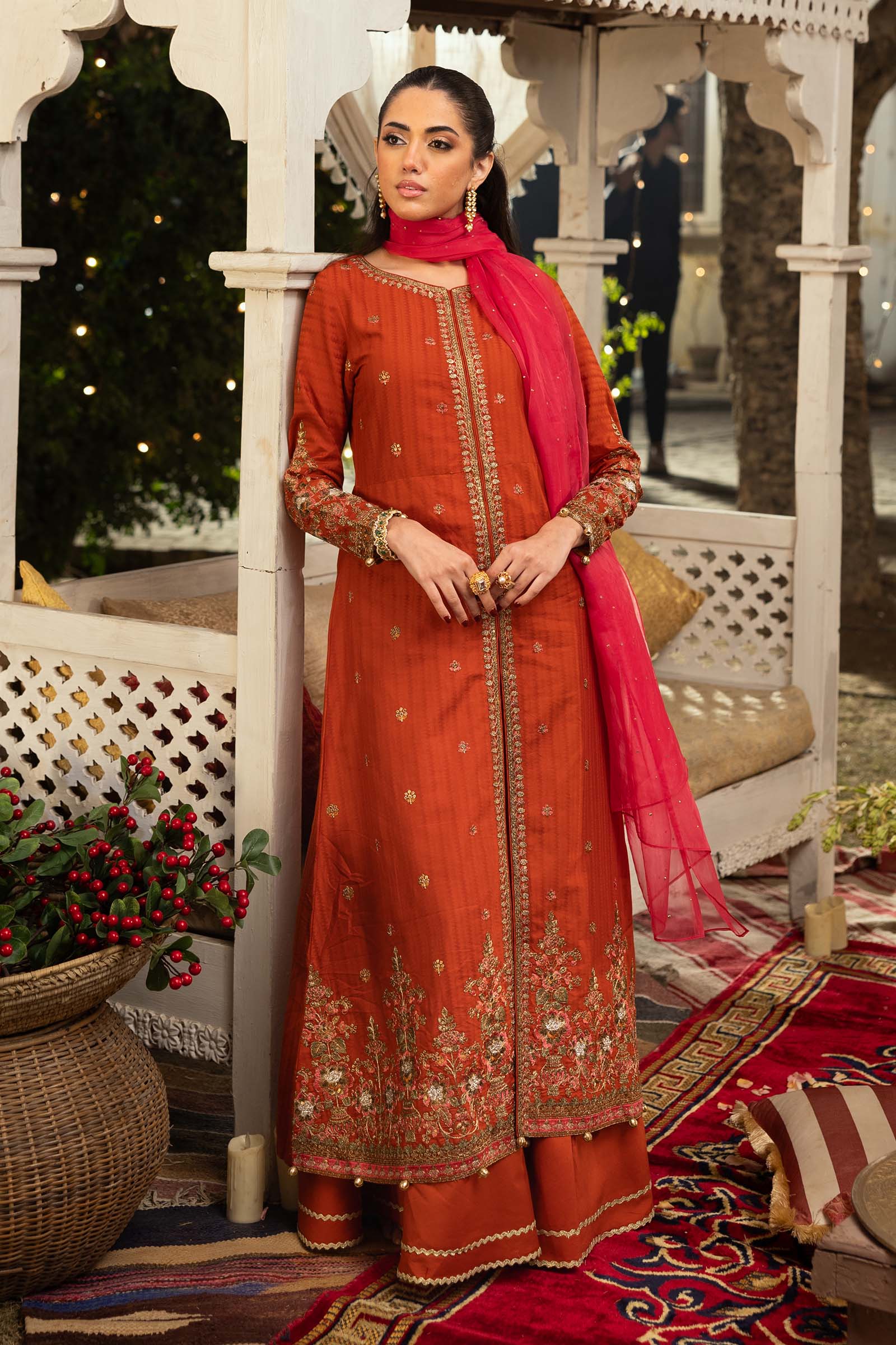 Orange Embroidered Dobby Lawn Salwar Kameez (3-Piece) - Image 1