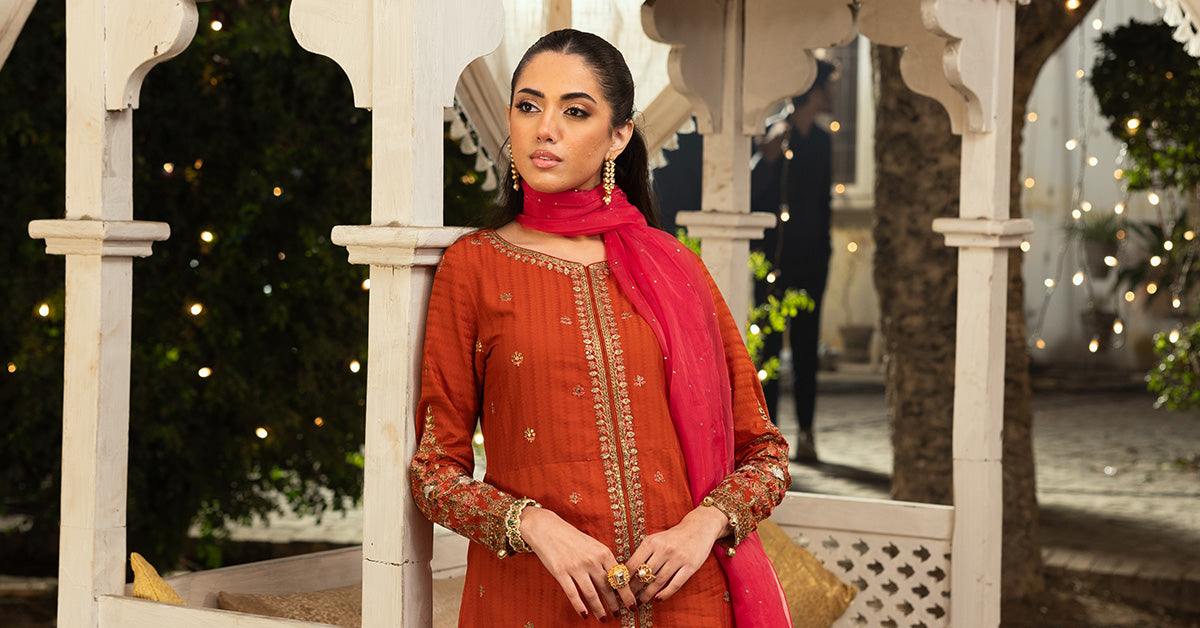 Orange Embroidered Dobby Lawn Salwar Kameez (3-Piece) - Image 10