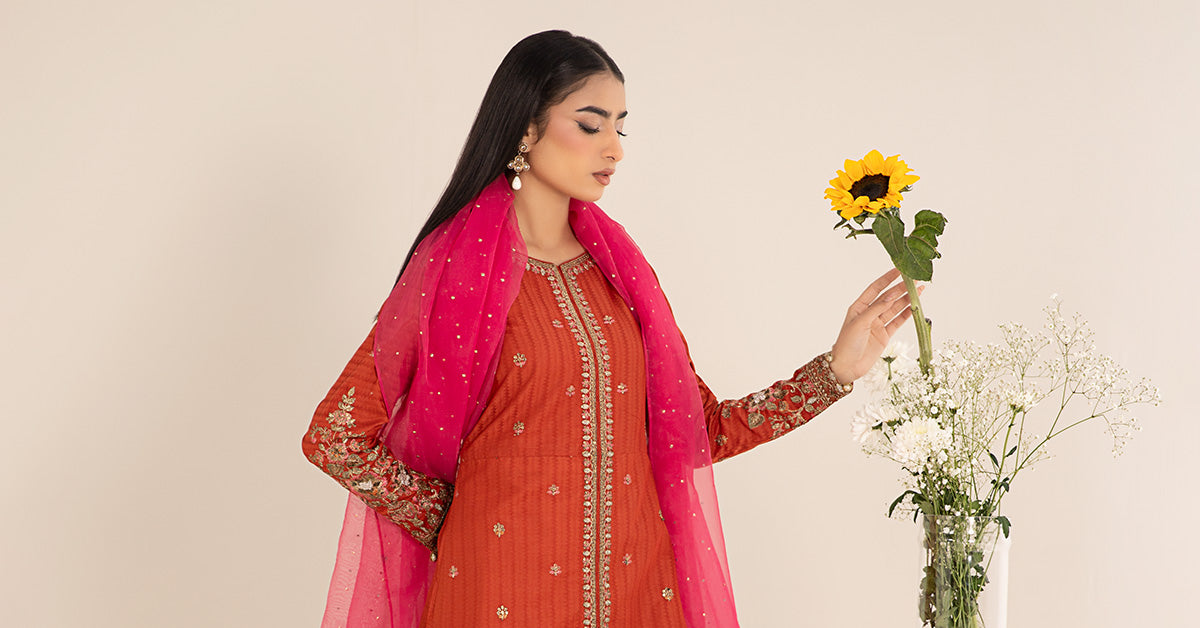 Orange Embroidered Dobby Lawn Salwar Kameez (3-Piece) - Image 11