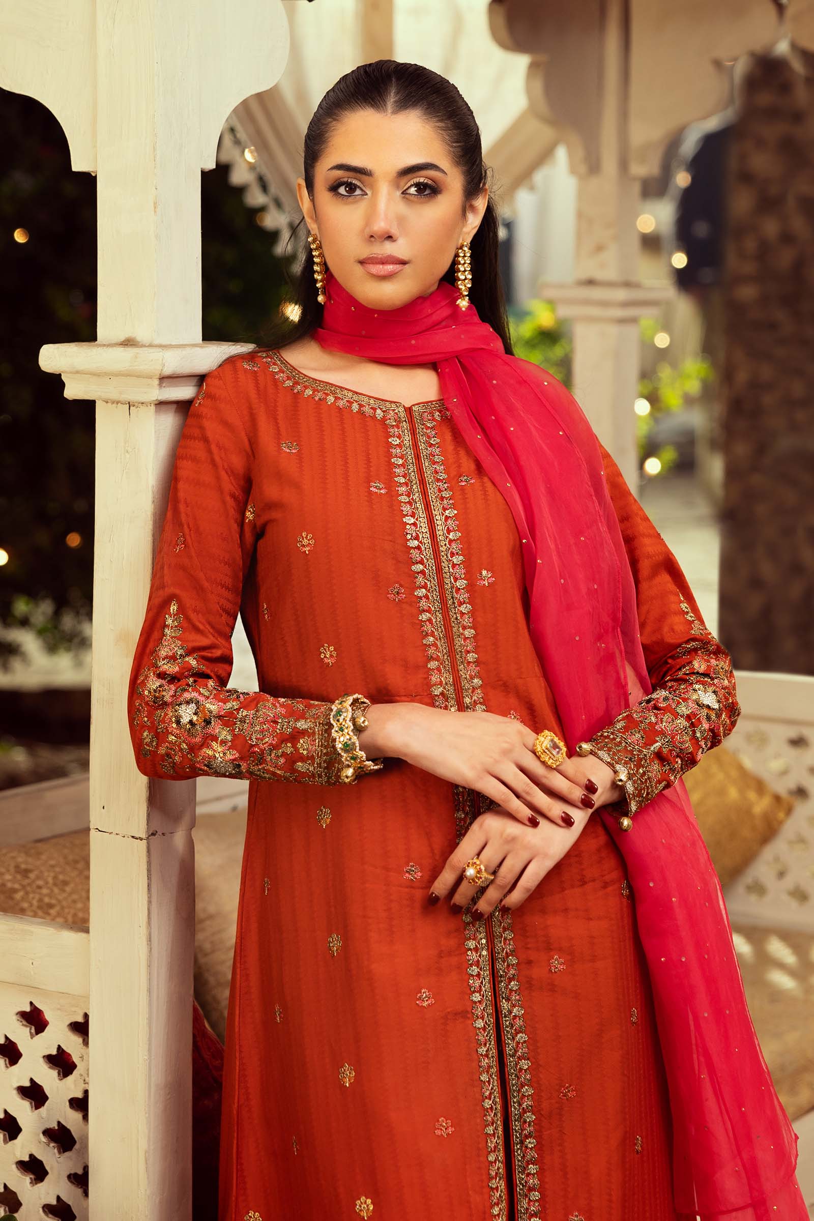Orange Embroidered Dobby Lawn Salwar Kameez (3-Piece) - Image 2