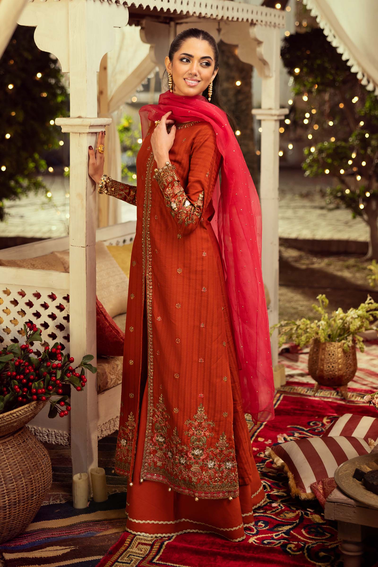 Orange Embroidered Dobby Lawn Salwar Kameez (3-Piece) - Image 3