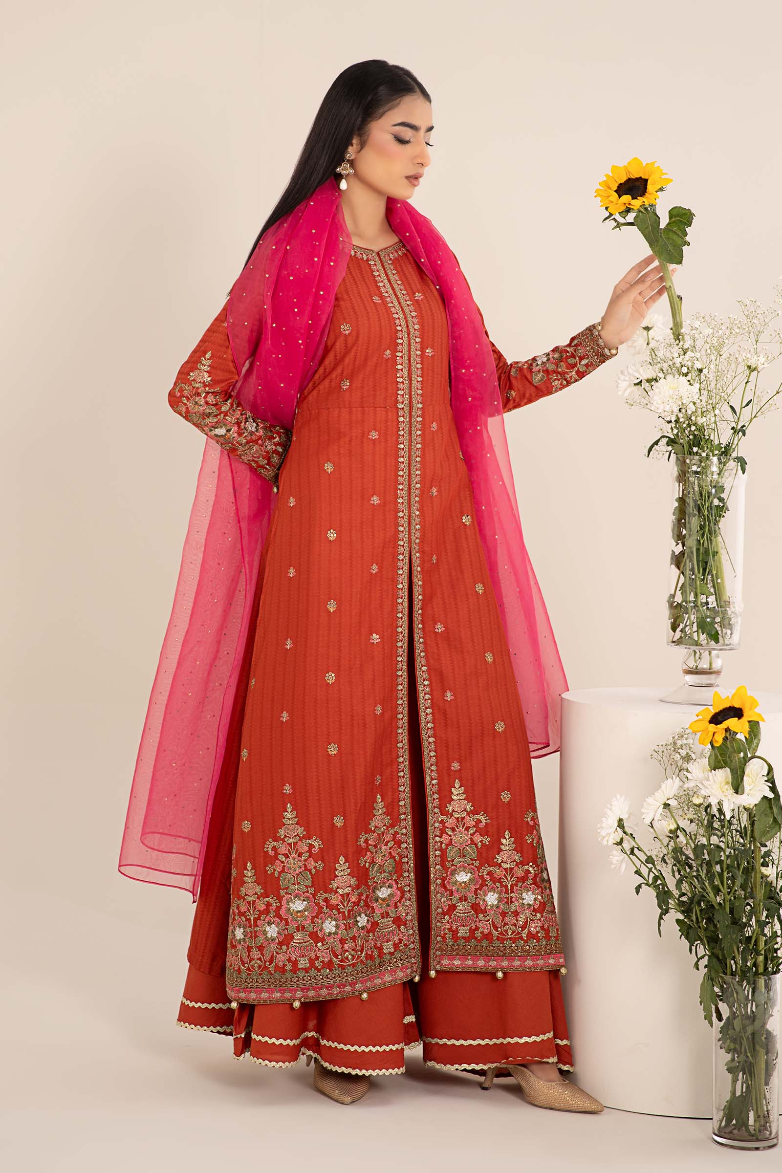 Orange Embroidered Dobby Lawn Salwar Kameez (3-Piece) - Image 6