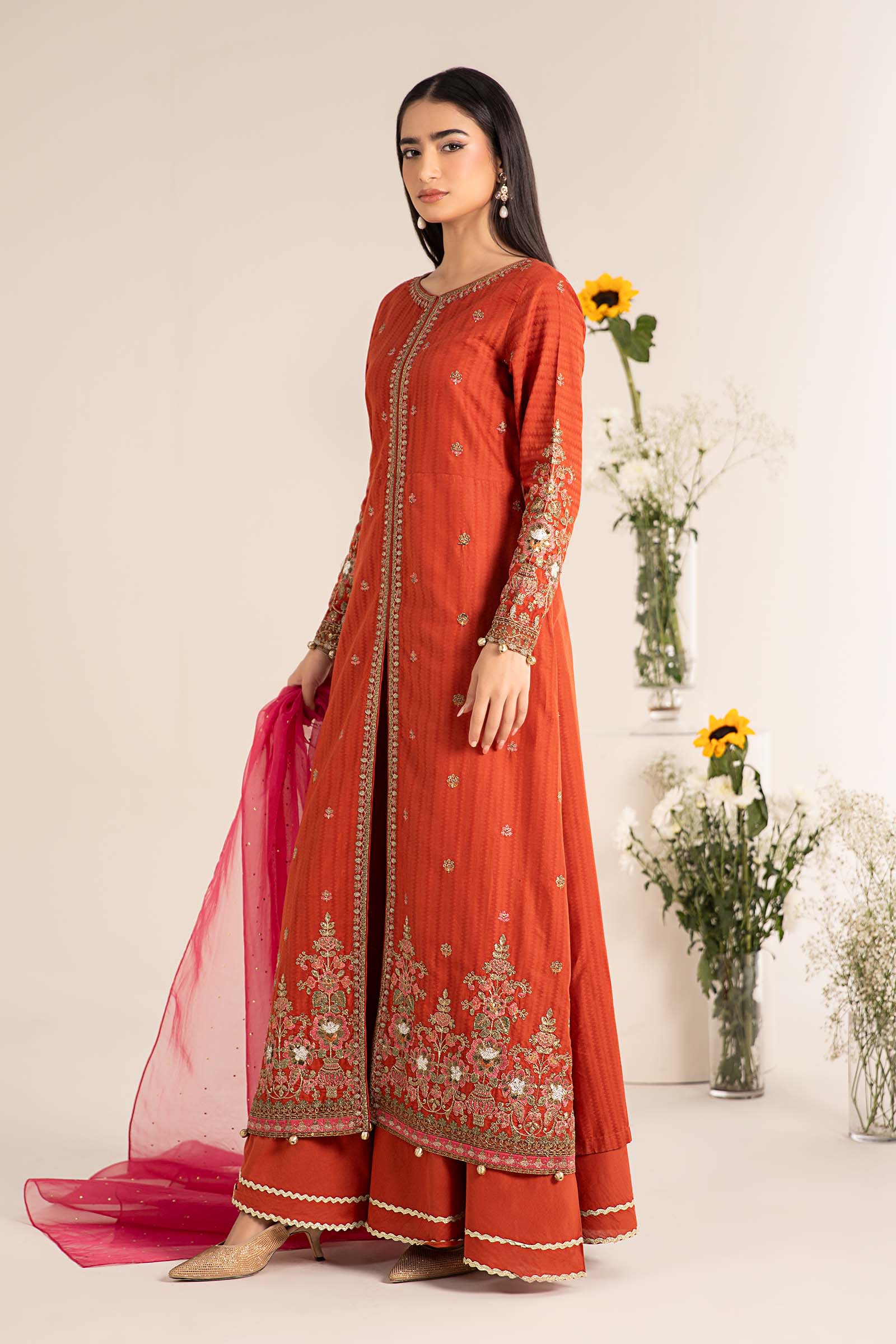 Orange Embroidered Dobby Lawn Salwar Kameez (3-Piece) - Image 7