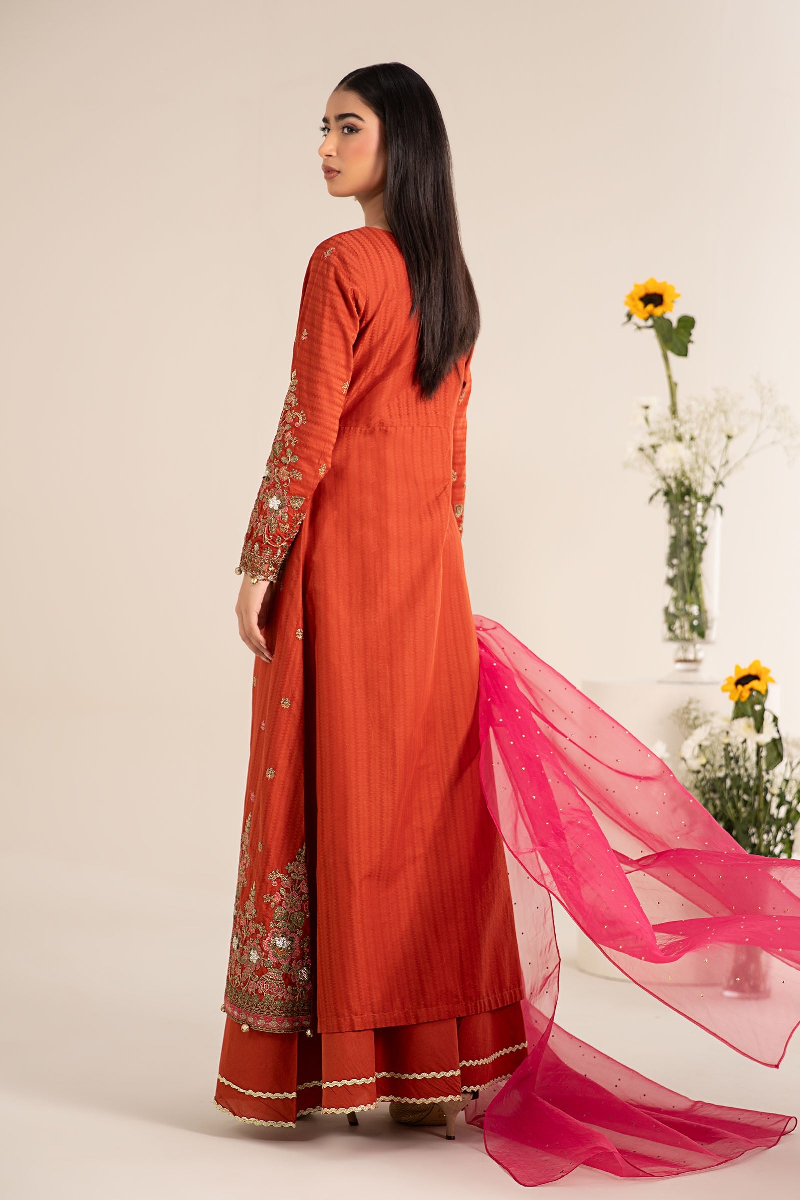 Orange Embroidered Dobby Lawn Salwar Kameez (3-Piece) - Image 9