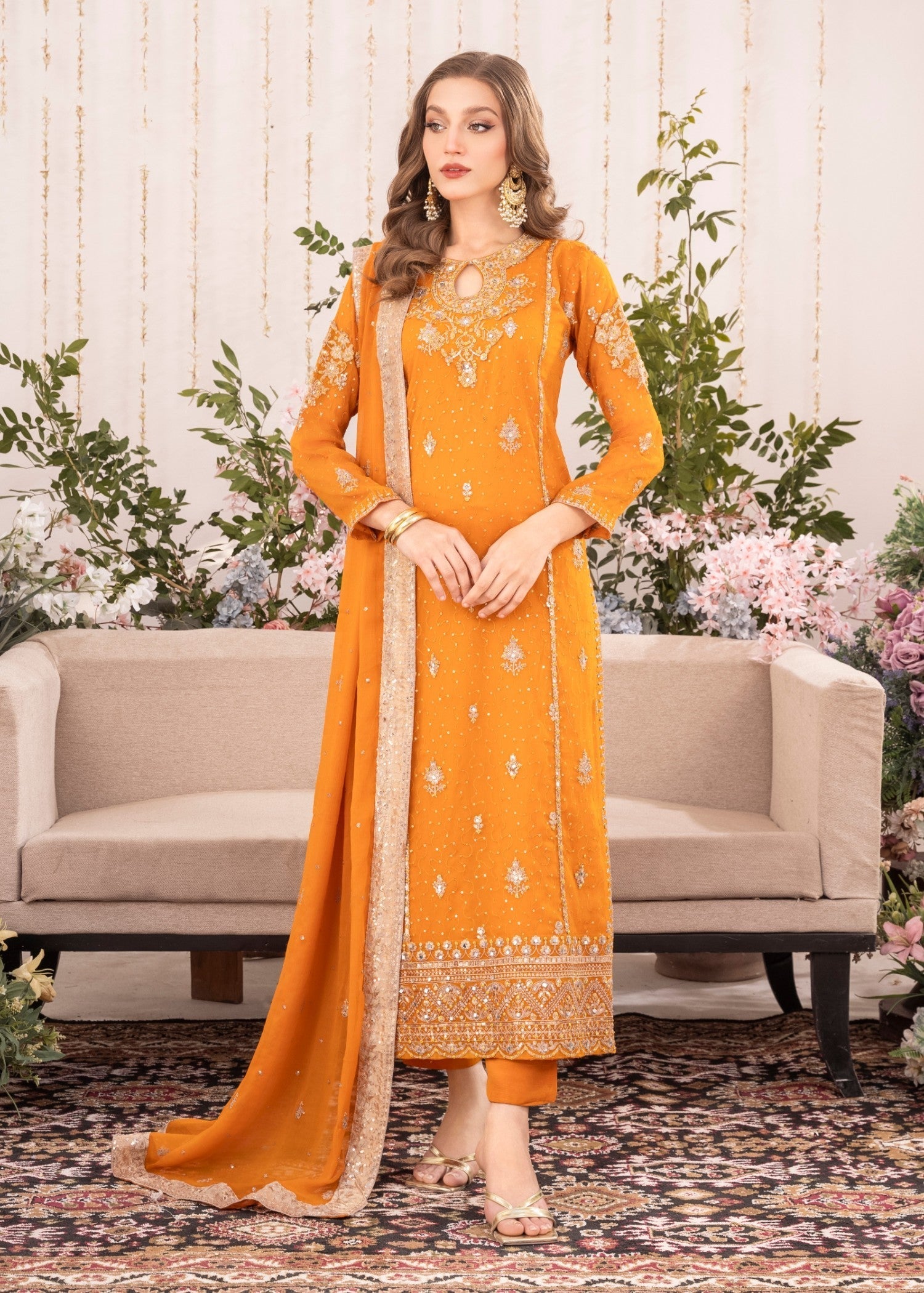 Orange Hand-Embellished Georgette Chiffon Kurta Set (3-Piece) - Image 1