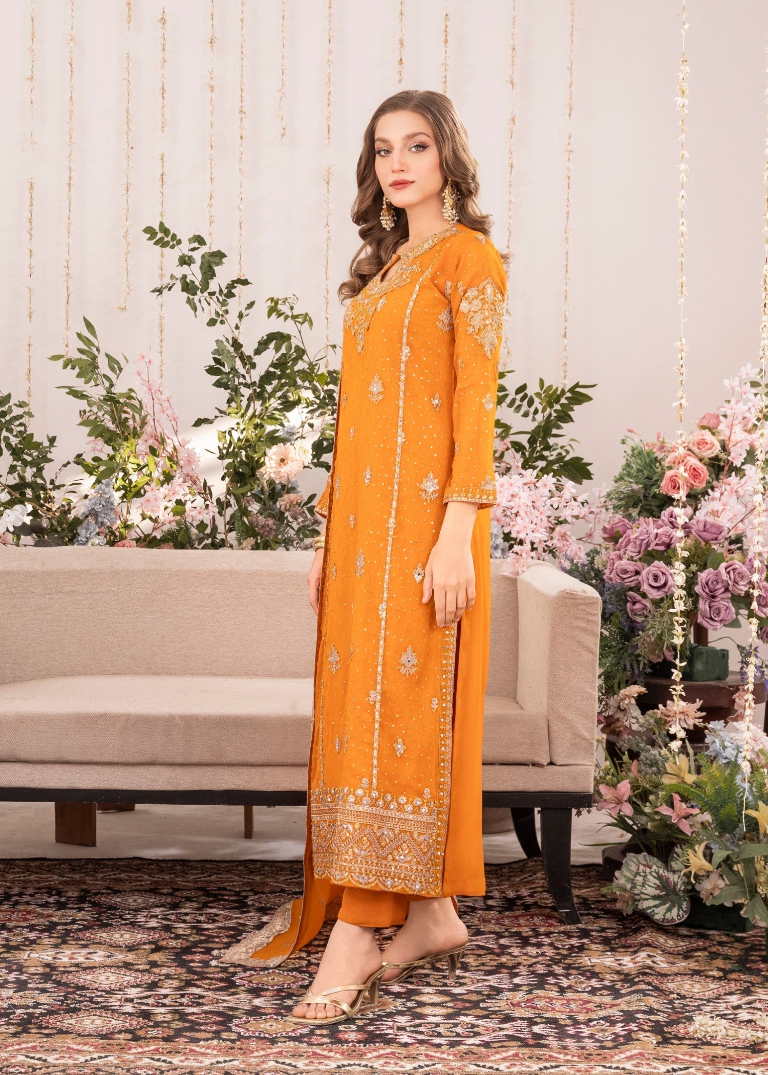 Orange Hand-Embellished Georgette Chiffon Kurta Set (3-Piece) - Image 2