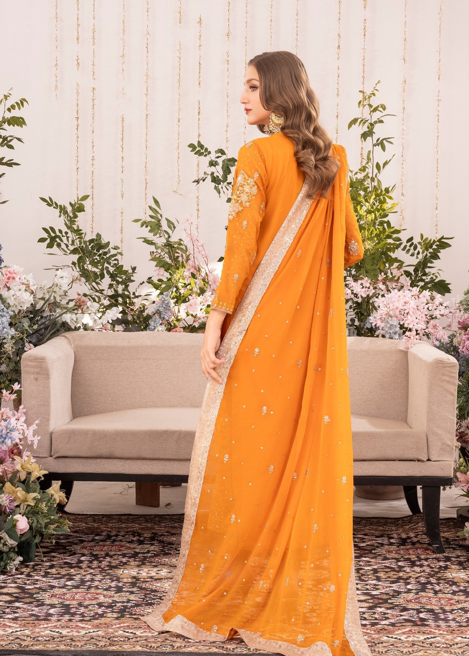 Orange Hand-Embellished Georgette Chiffon Kurta Set (3-Piece) - Image 3