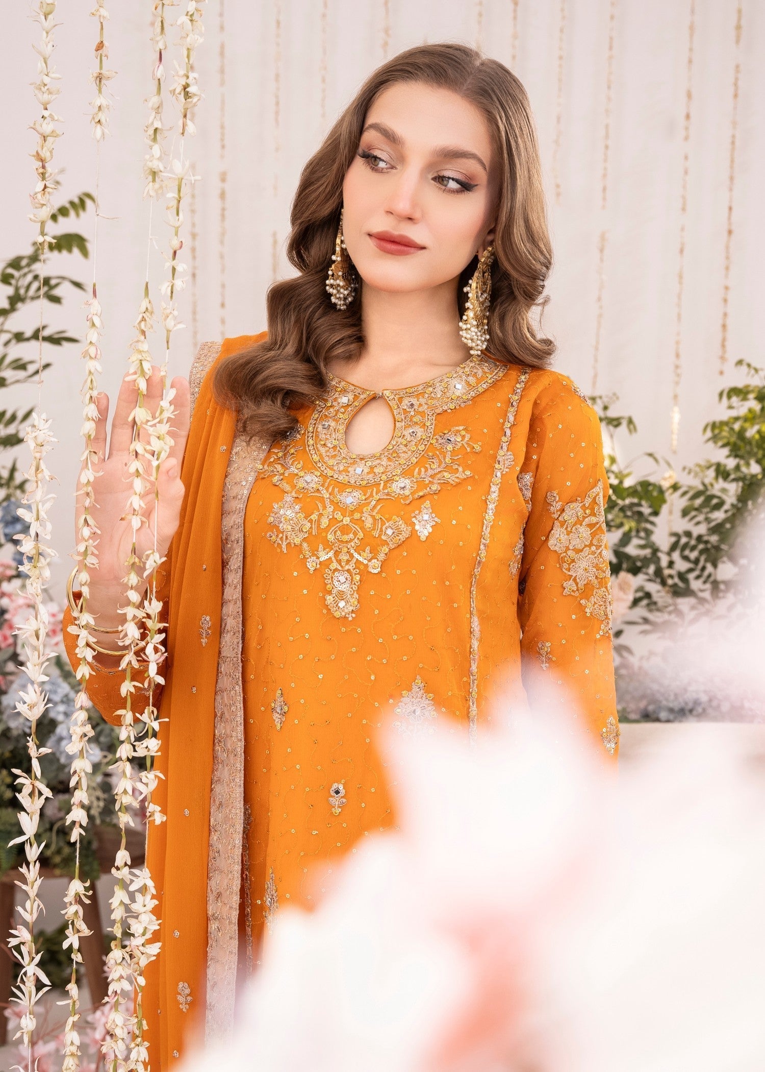 Orange Hand-Embellished Georgette Chiffon Kurta Set (3-Piece) - Image 4