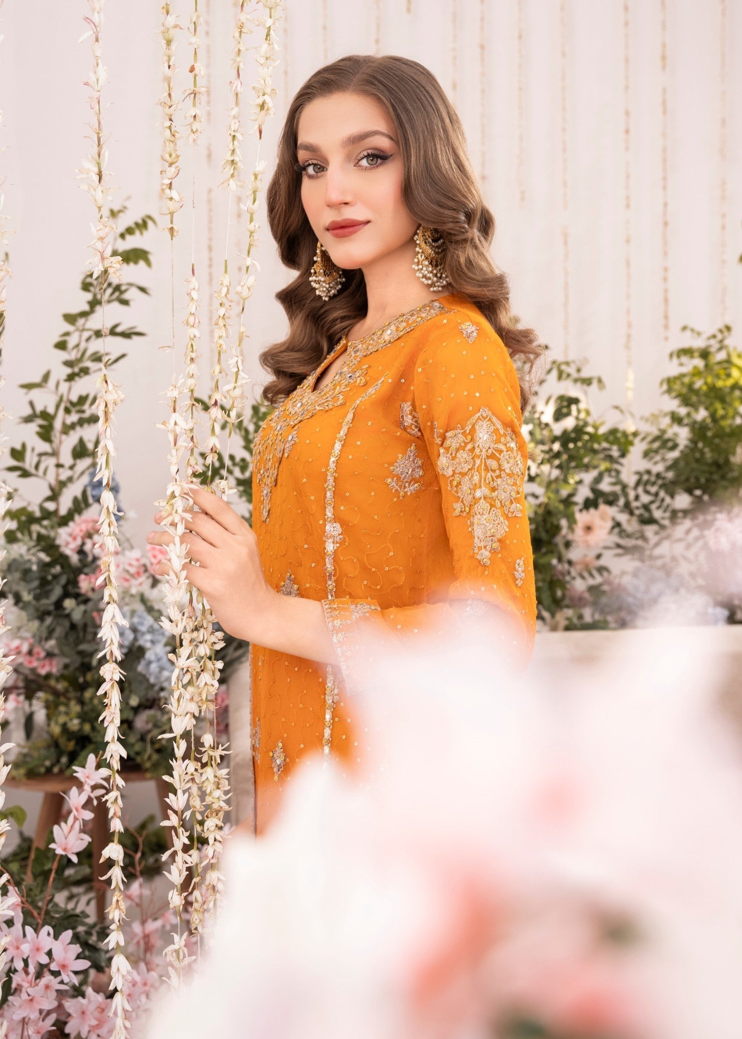 Orange Hand-Embellished Georgette Chiffon Kurta Set (3-Piece) - Image 5