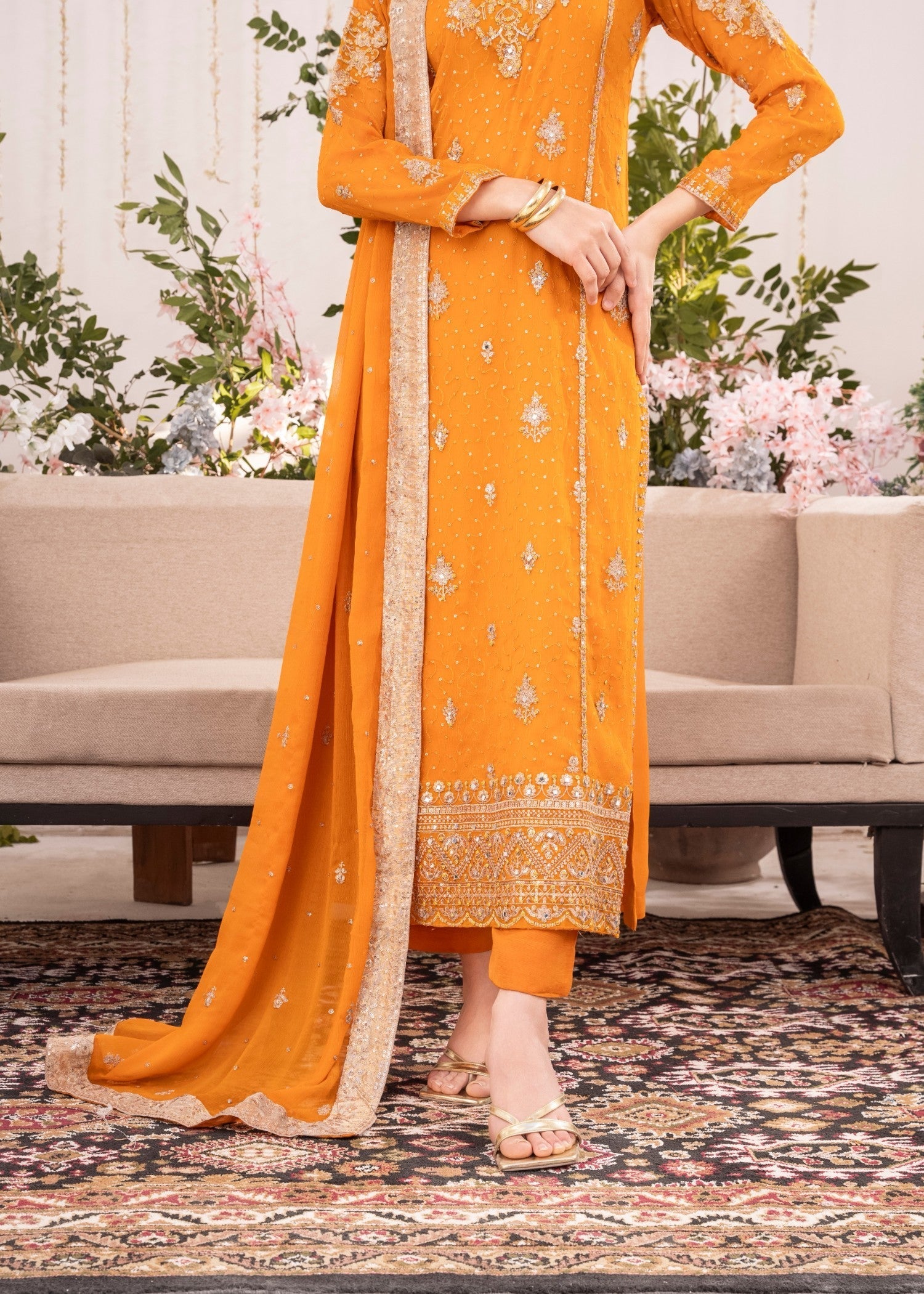 Orange Hand-Embellished Georgette Chiffon Kurta Set (3-Piece) - Image 6