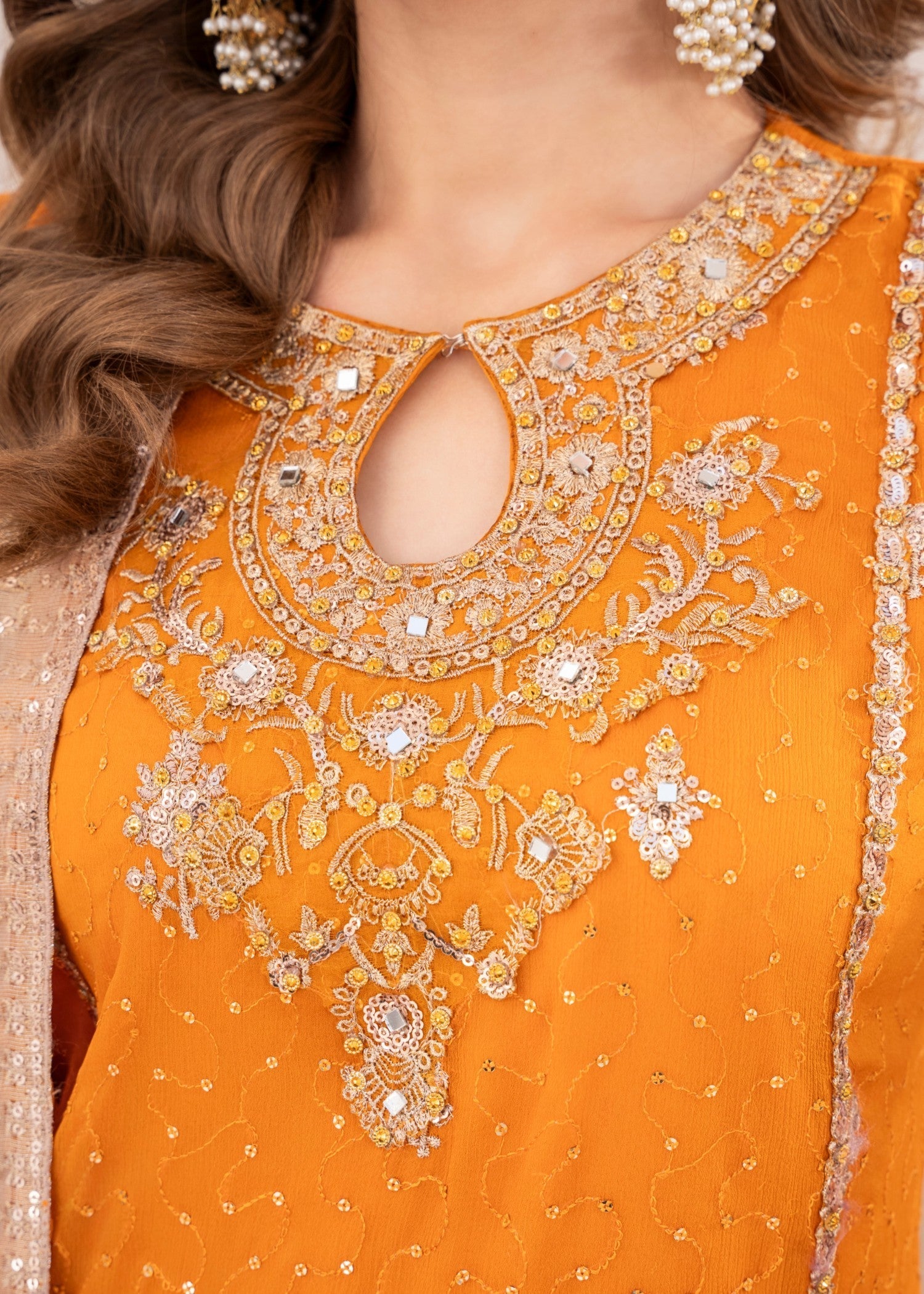 Orange Hand-Embellished Georgette Chiffon Kurta Set (3-Piece) - Image 7